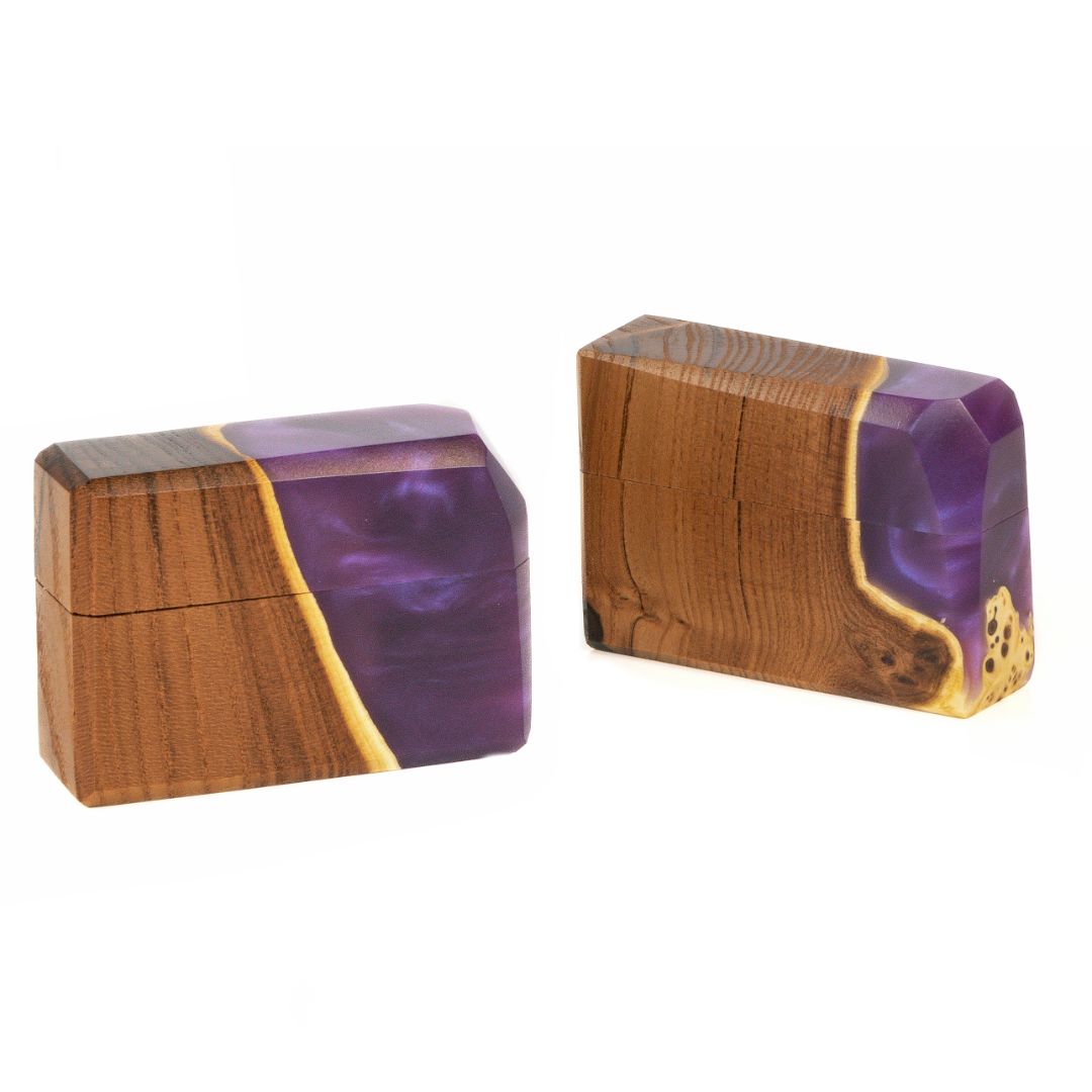 Modern proposal ring box featuring purple epoxy and elm wood shown from multiple angles