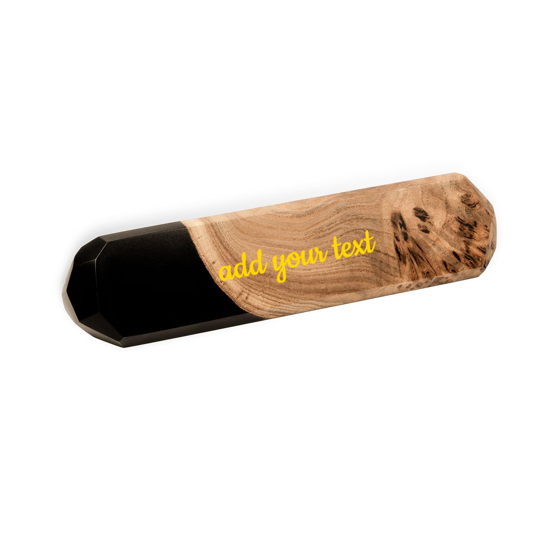 Front view of a personalized desk name plate made from burl wood and black epoxy resin