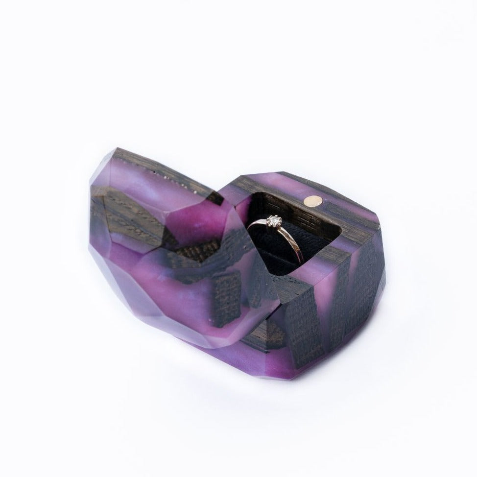 Profile view of the open purple epoxy and bog oak wood proposal ring box