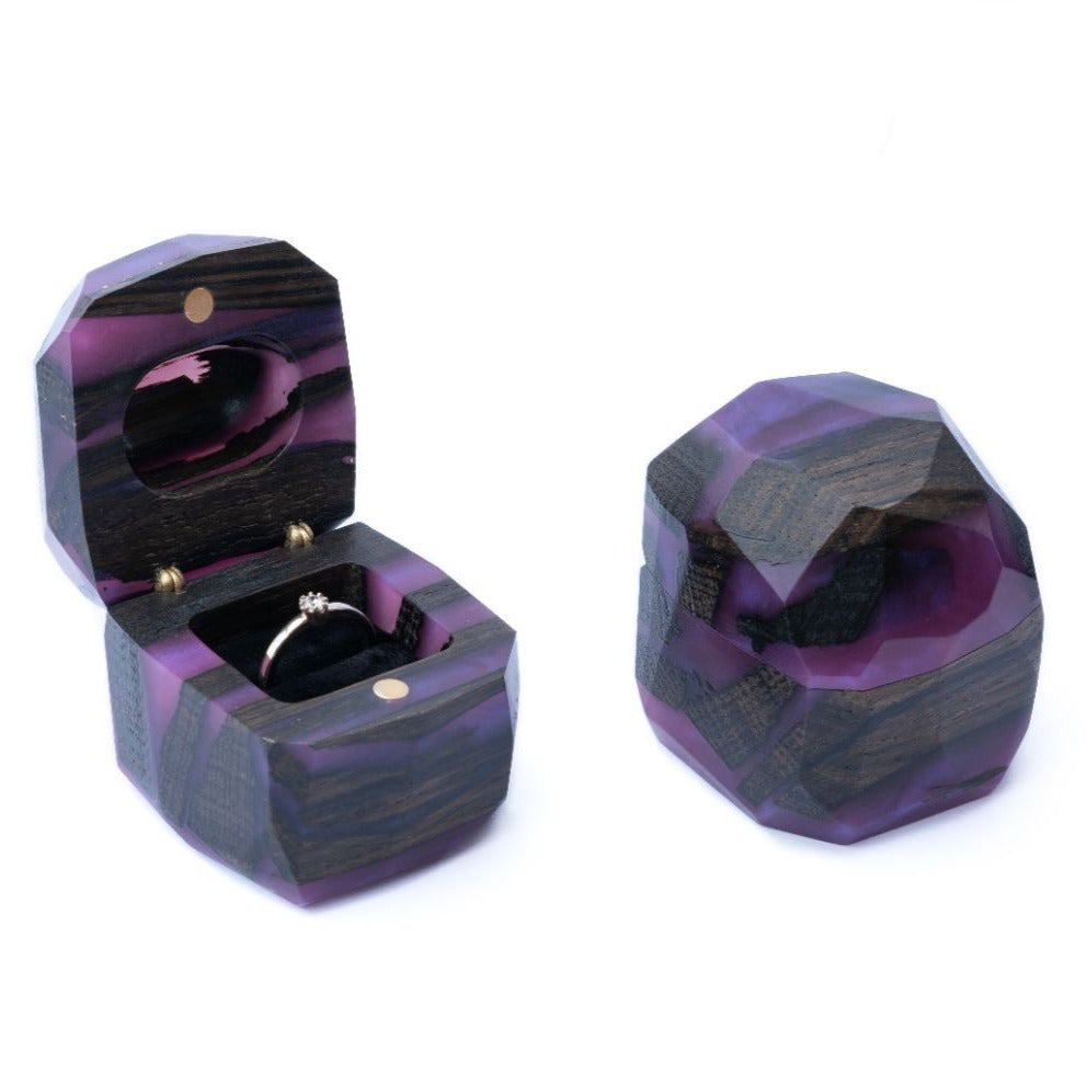 Open and closed views of the purple epoxy and bog oak wood proposal ring box