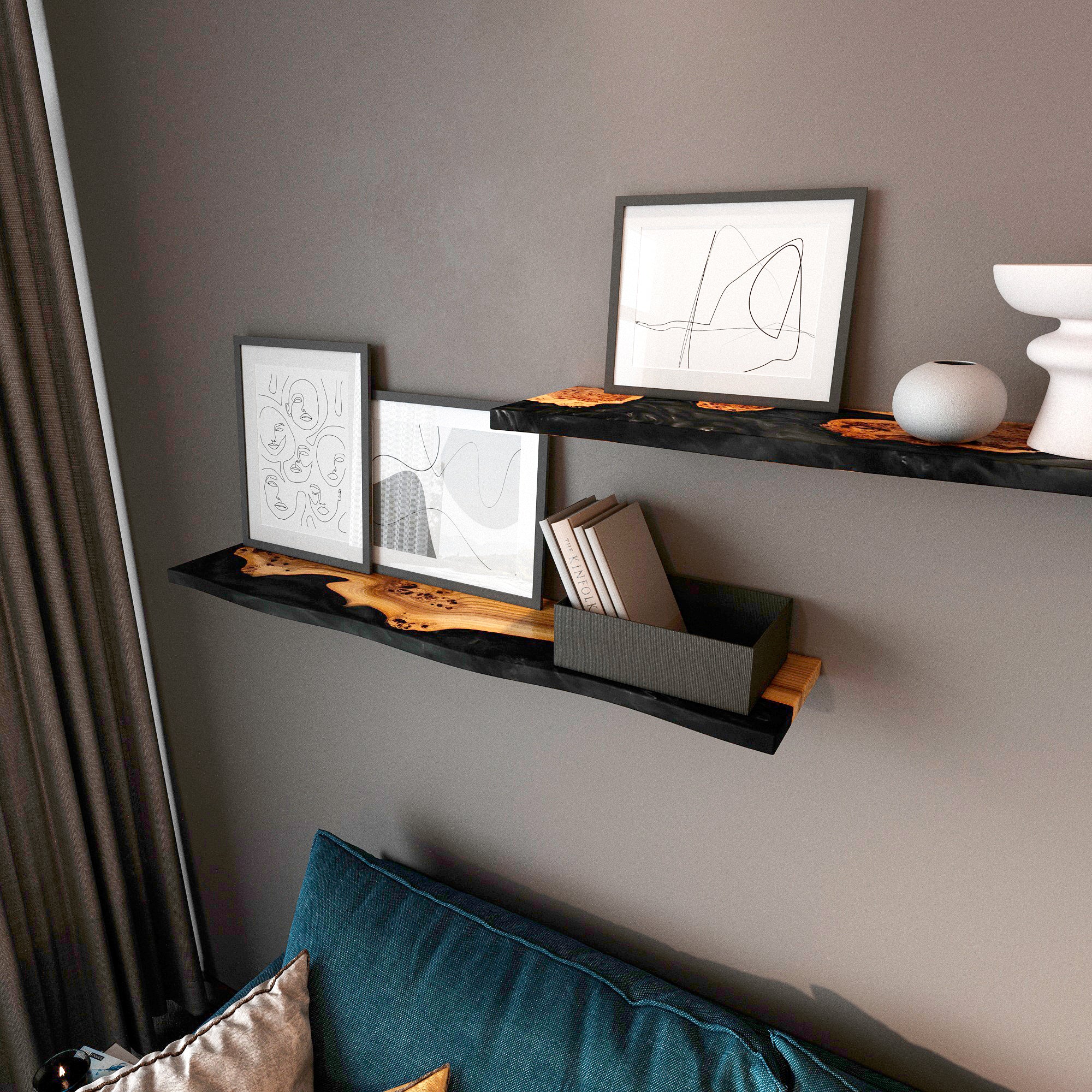 Wood & Resin Floating Shelf – Elm Black