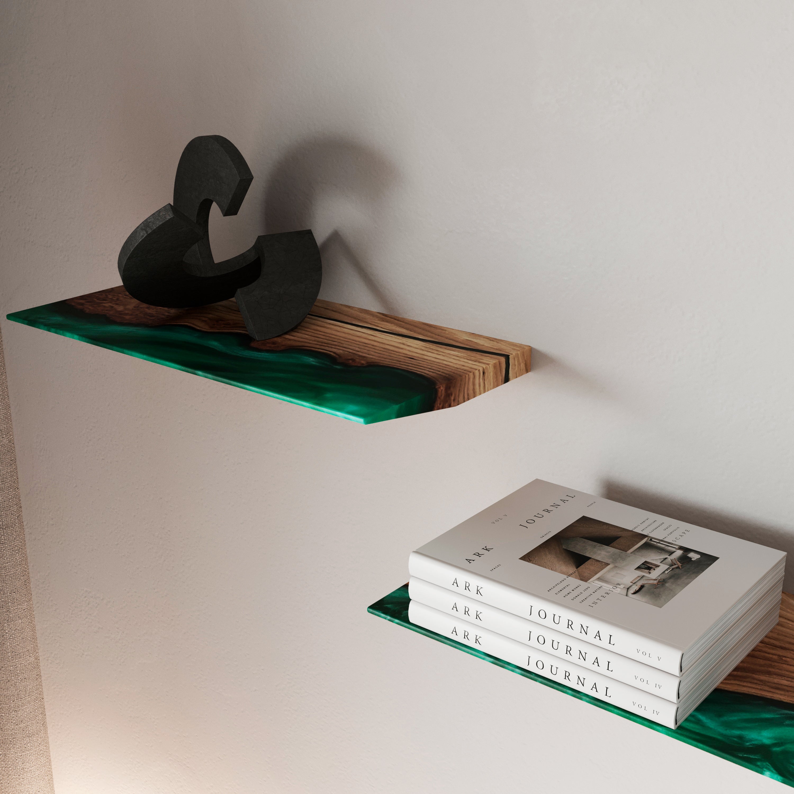 Green Pearl Epoxy & Dark Wood Floating Shelf