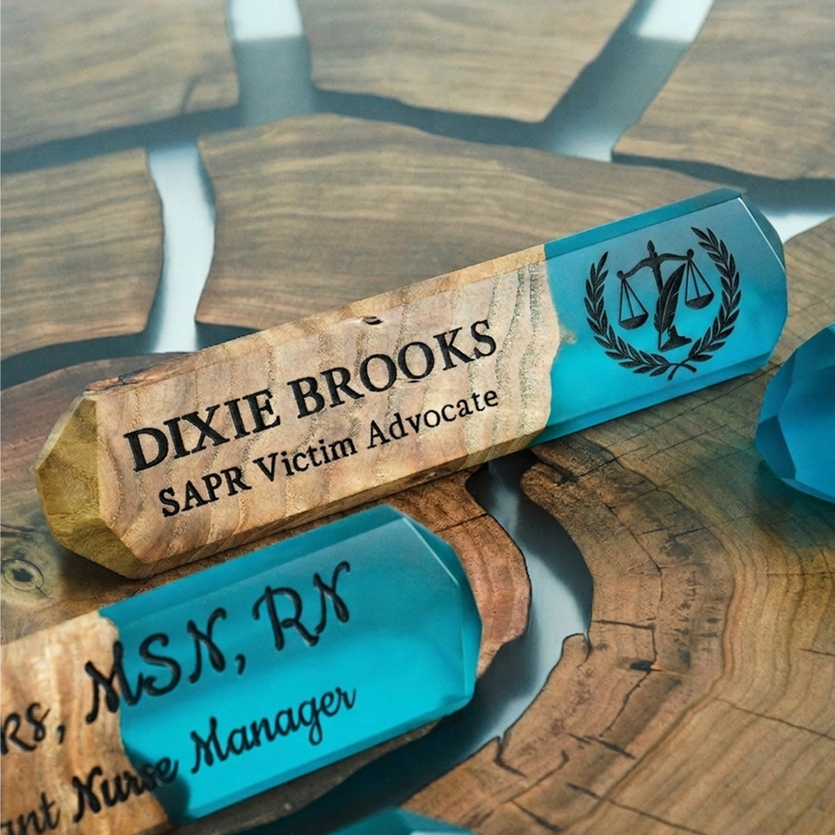Personalized desk name plates in aqua blue epoxy and elm engraved for a victim advocate and a nurse