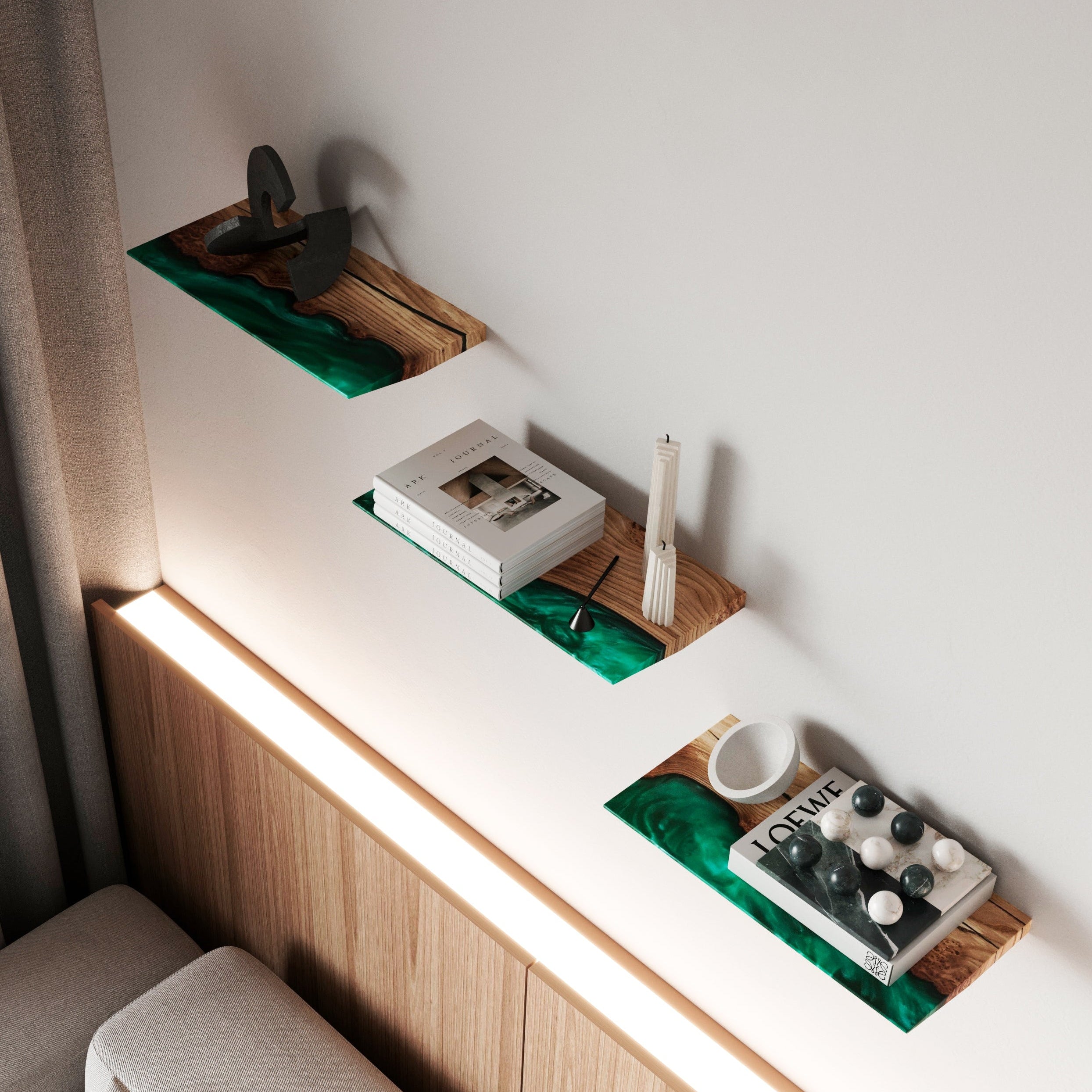 Green Pearl Epoxy & Dark Wood Floating Shelf