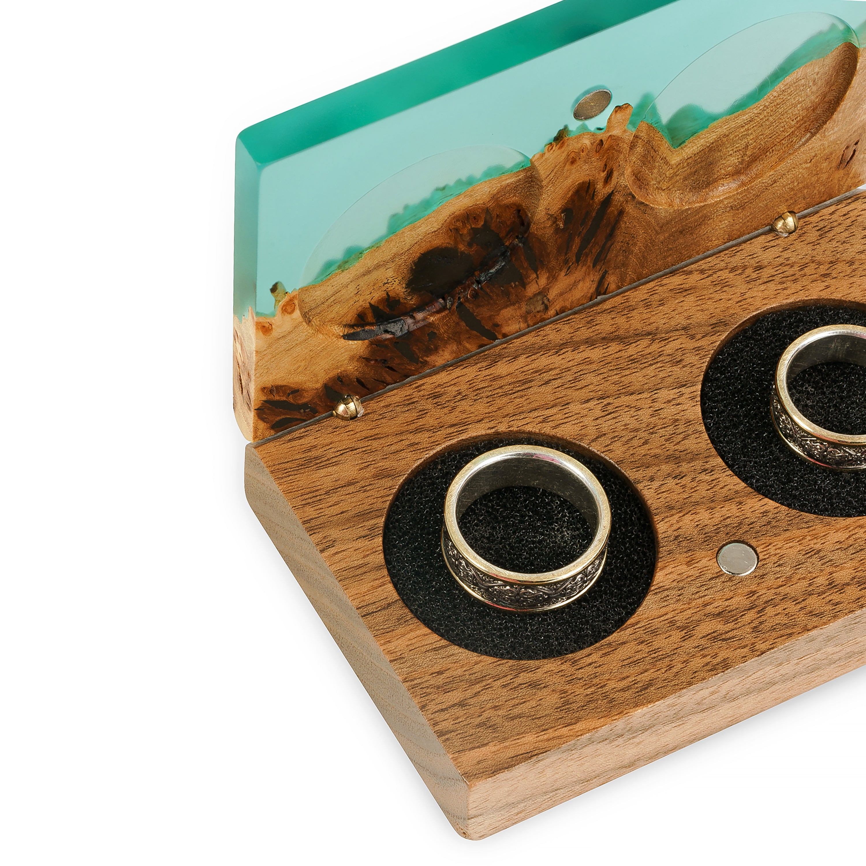 Wood & Resin Wedding Ring Box PIANO – Elm Aqua Blue