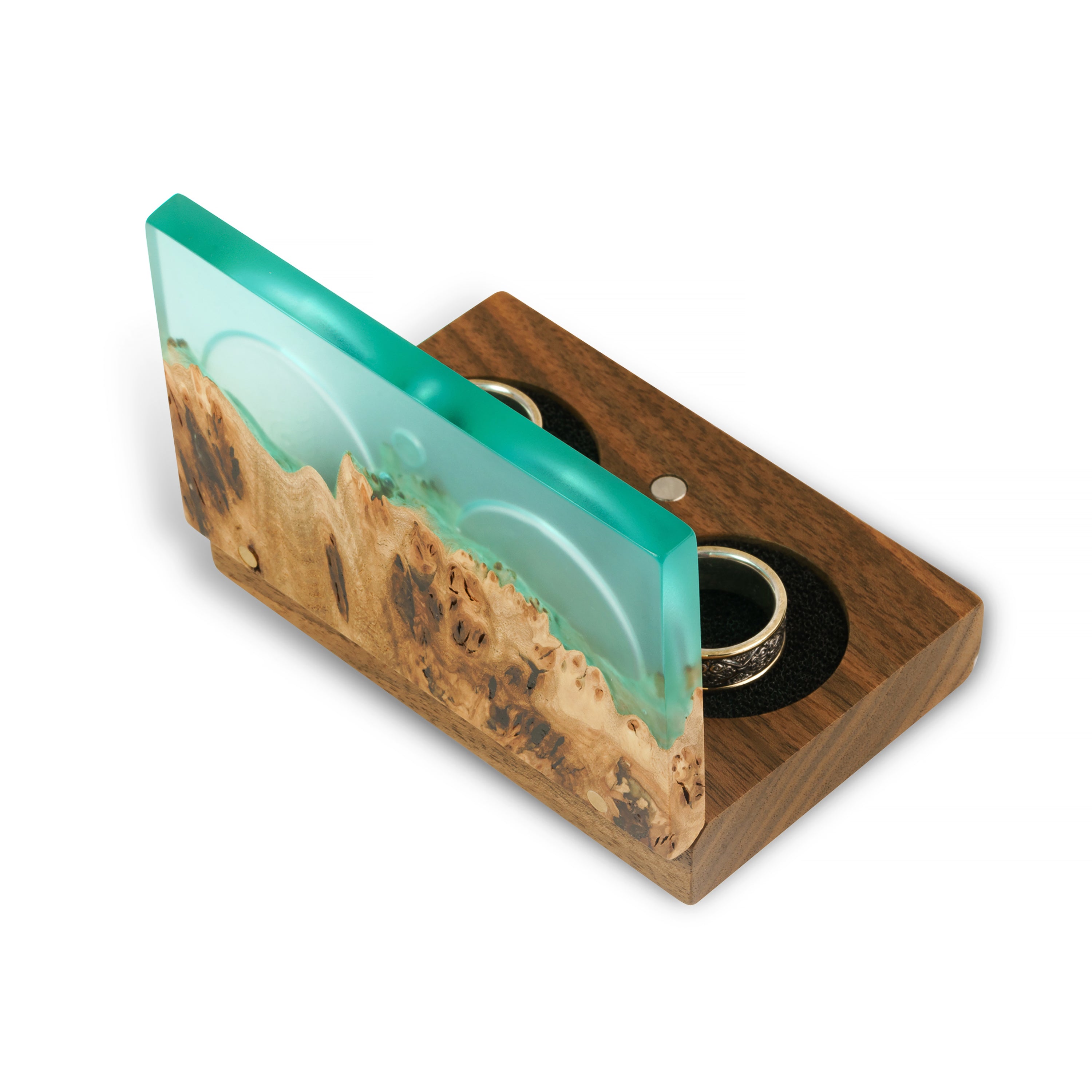 Wood & Resin Wedding Ring Box PIANO – Elm Aqua Blue