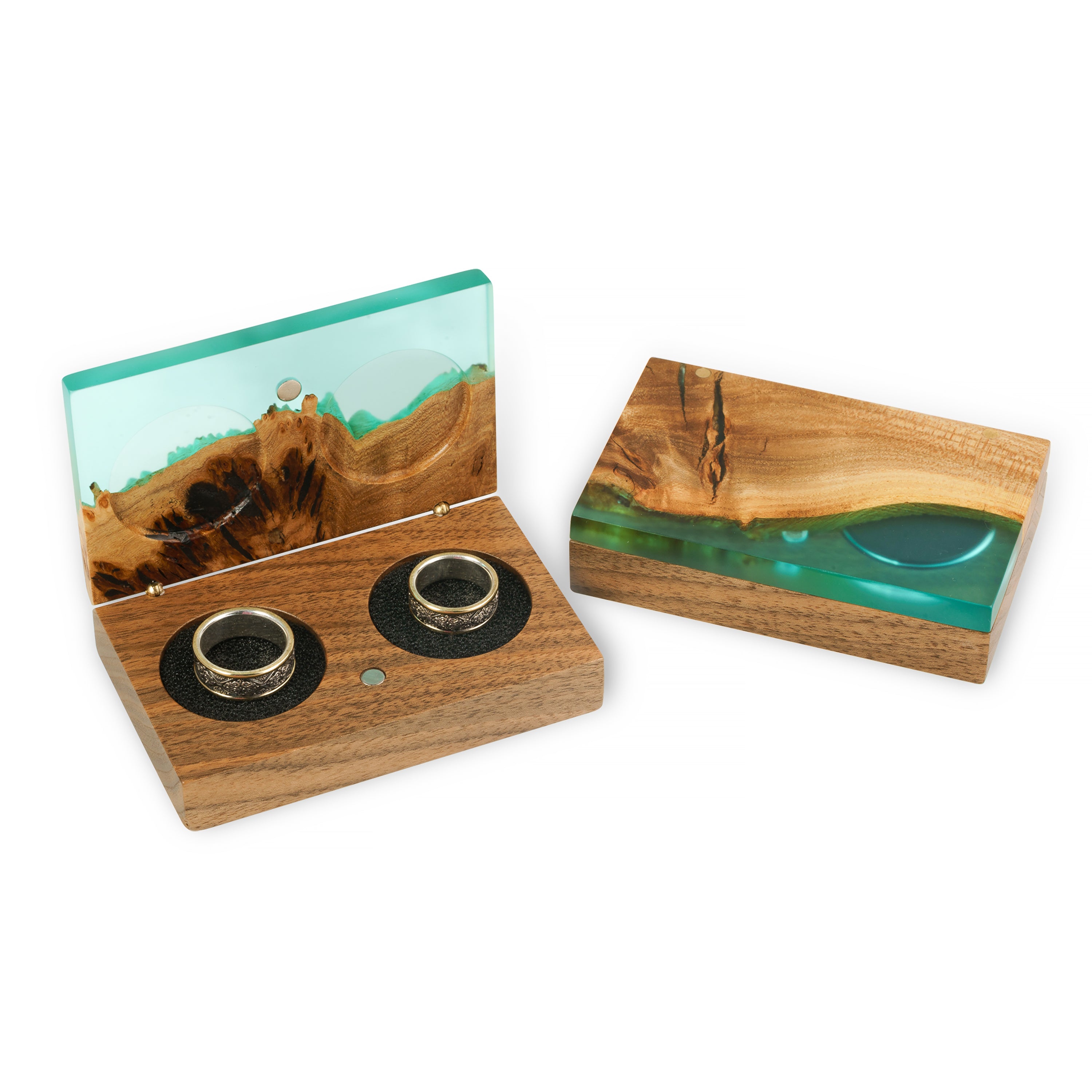 Wood & Resin Wedding Ring Box PIANO – Elm Aqua Blue