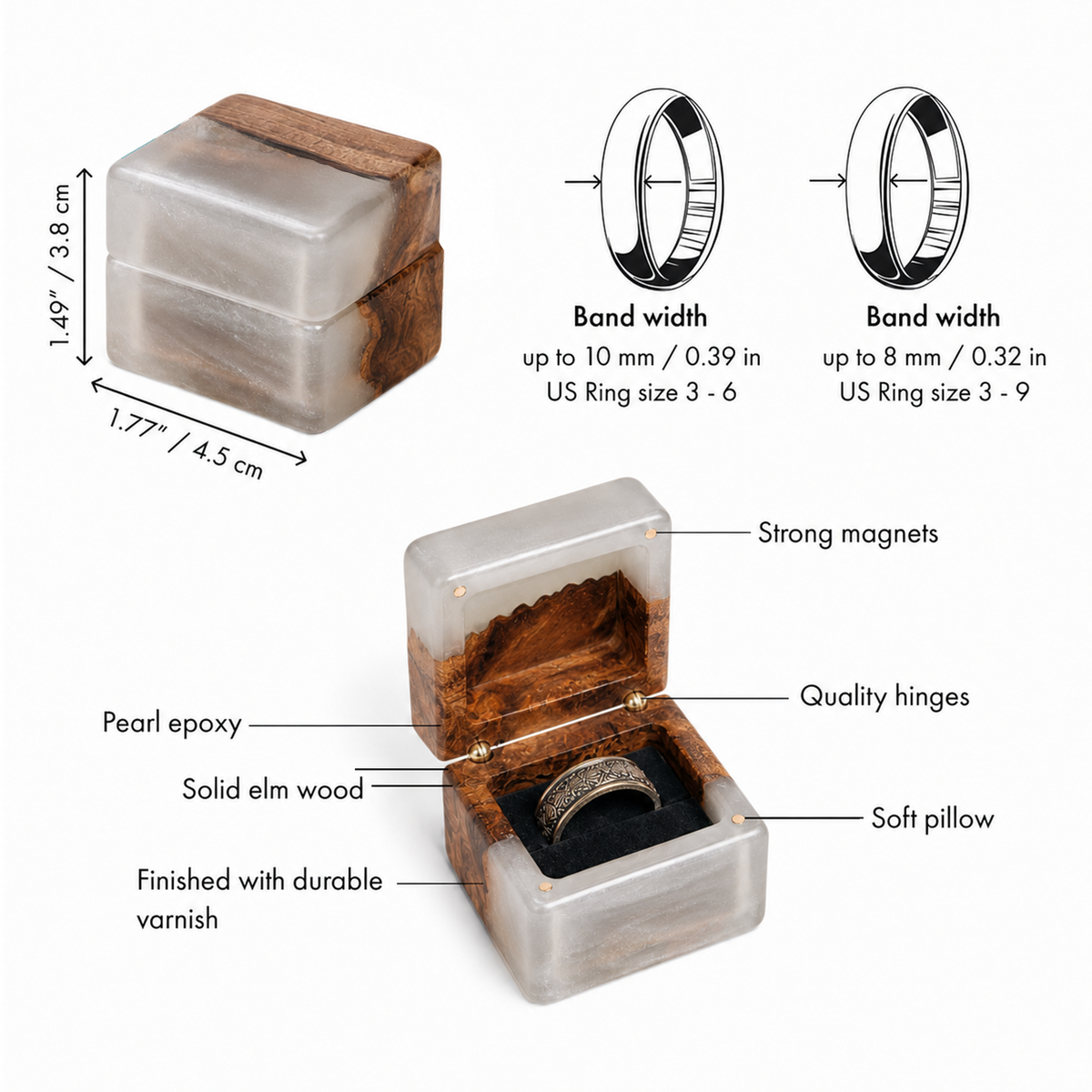 Platinum ring box spec sheet: 1.77 x 1.49 in, band width limits, magnets, hinges, soft pillow