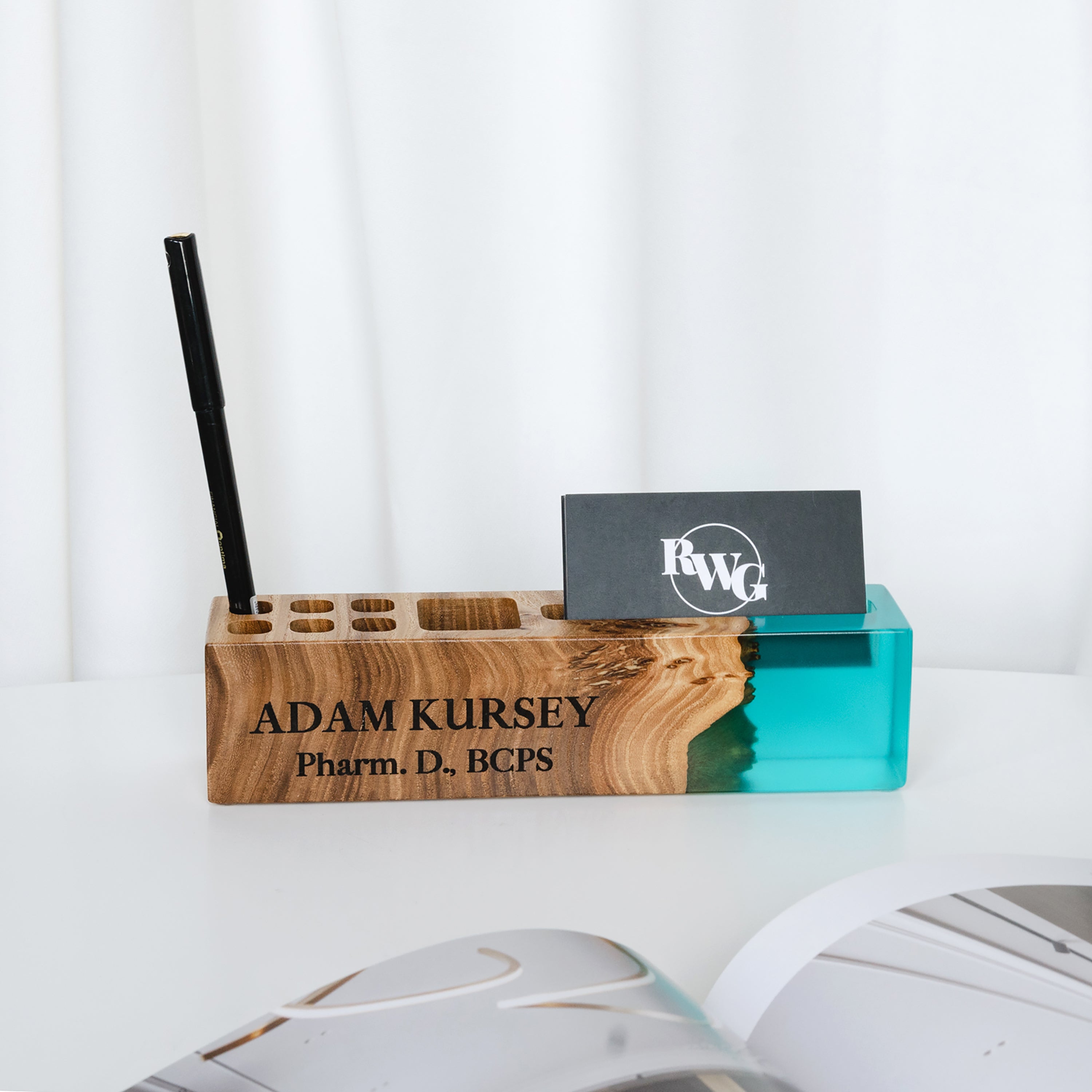 Wood & Resin Personalized Desk Organizer ELEMENT – Elm Aqua Blue