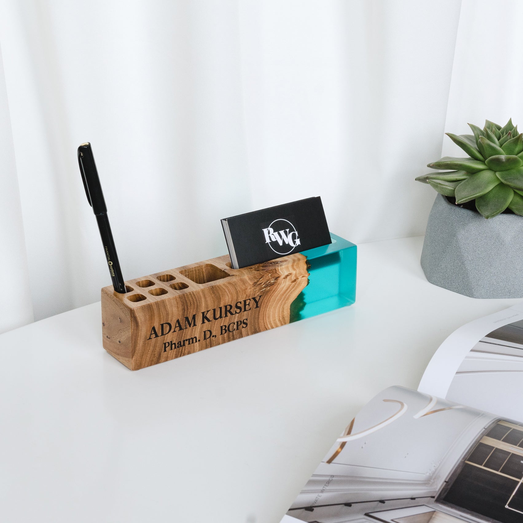 Wood & Resin Personalized Desk Organizer ELEMENT – Elm Aqua Blue