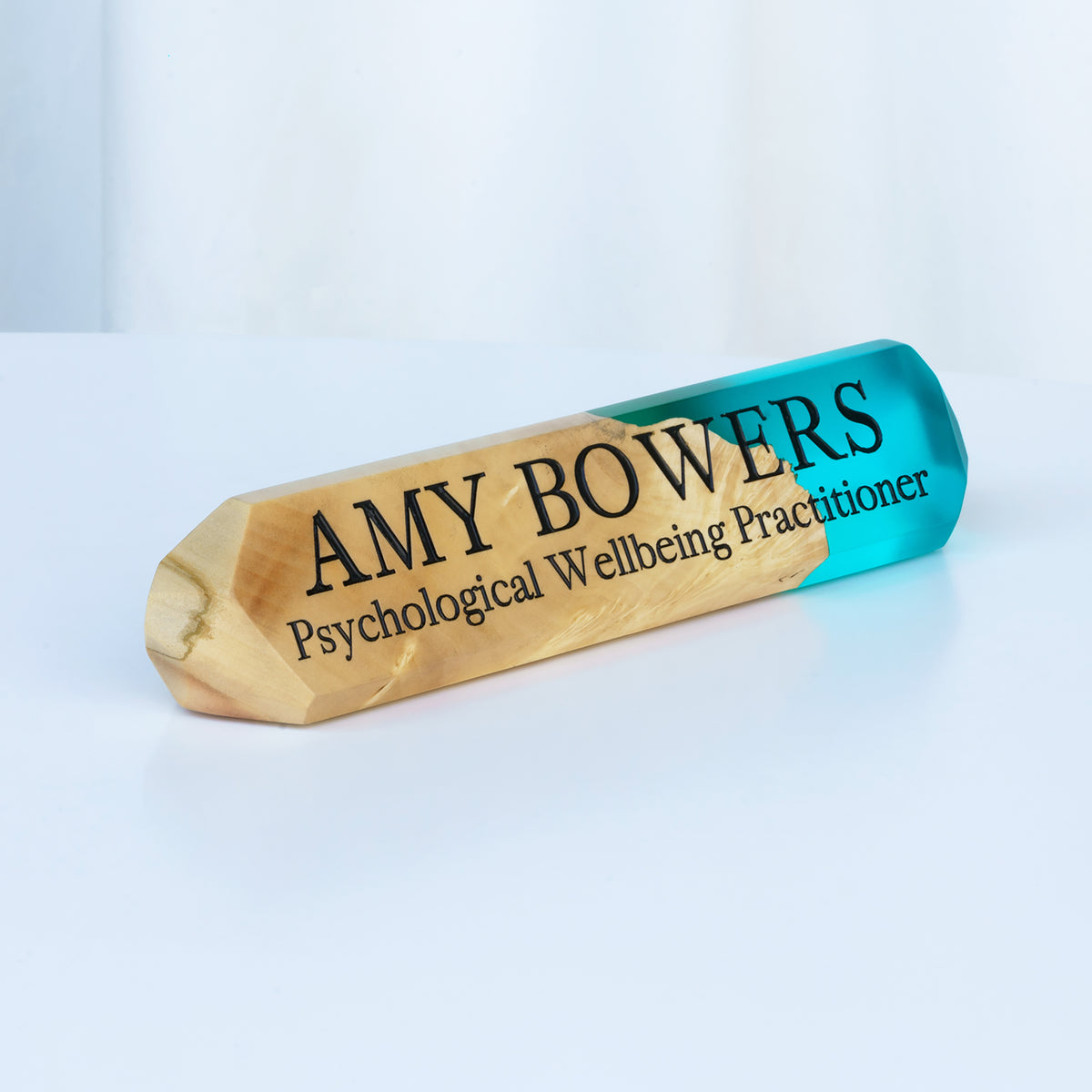 Custom Desk Name Plate – Aqua Blue Epoxy & Maple Wood – IDENTITY