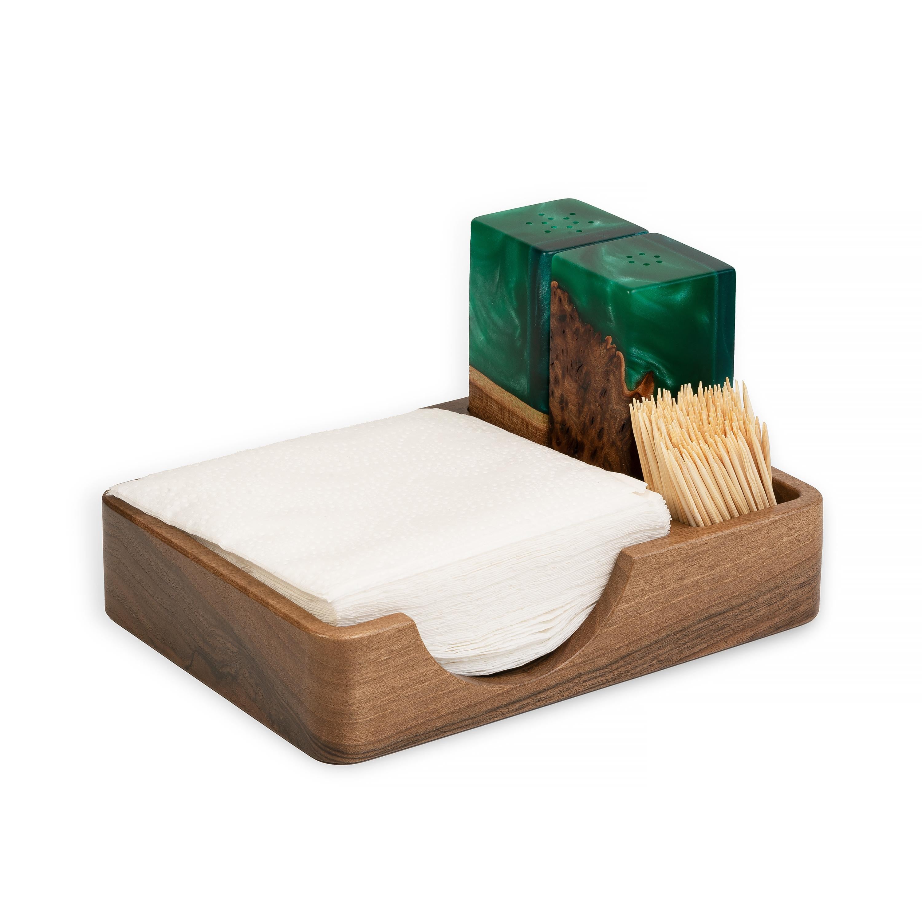 Wood & Resin Salt and Pepper Shaker Caddy Set – Elm Green