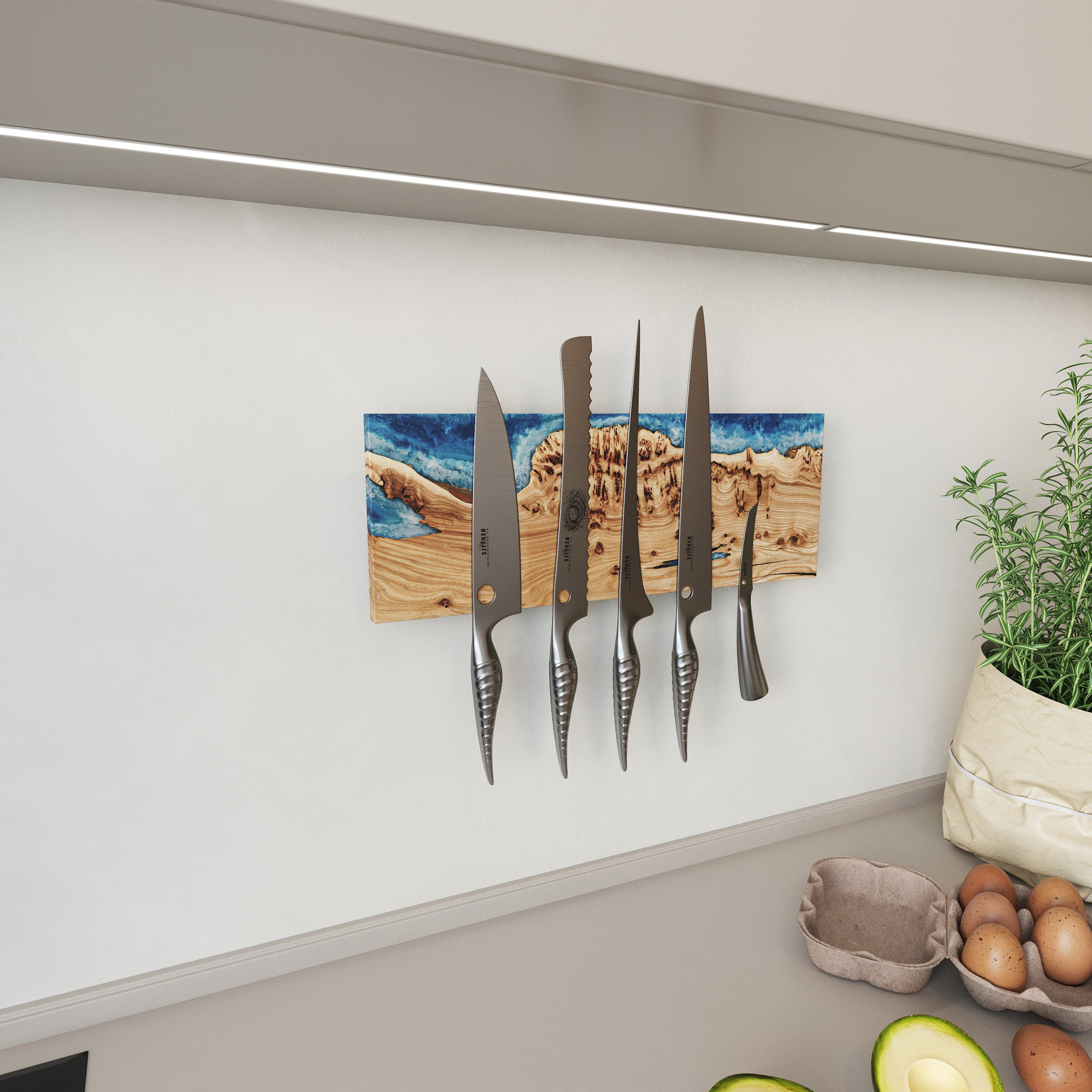 Ocean Art Blue Epoxy & Dark Wood Magnetic Knife Rack – wall-mounted