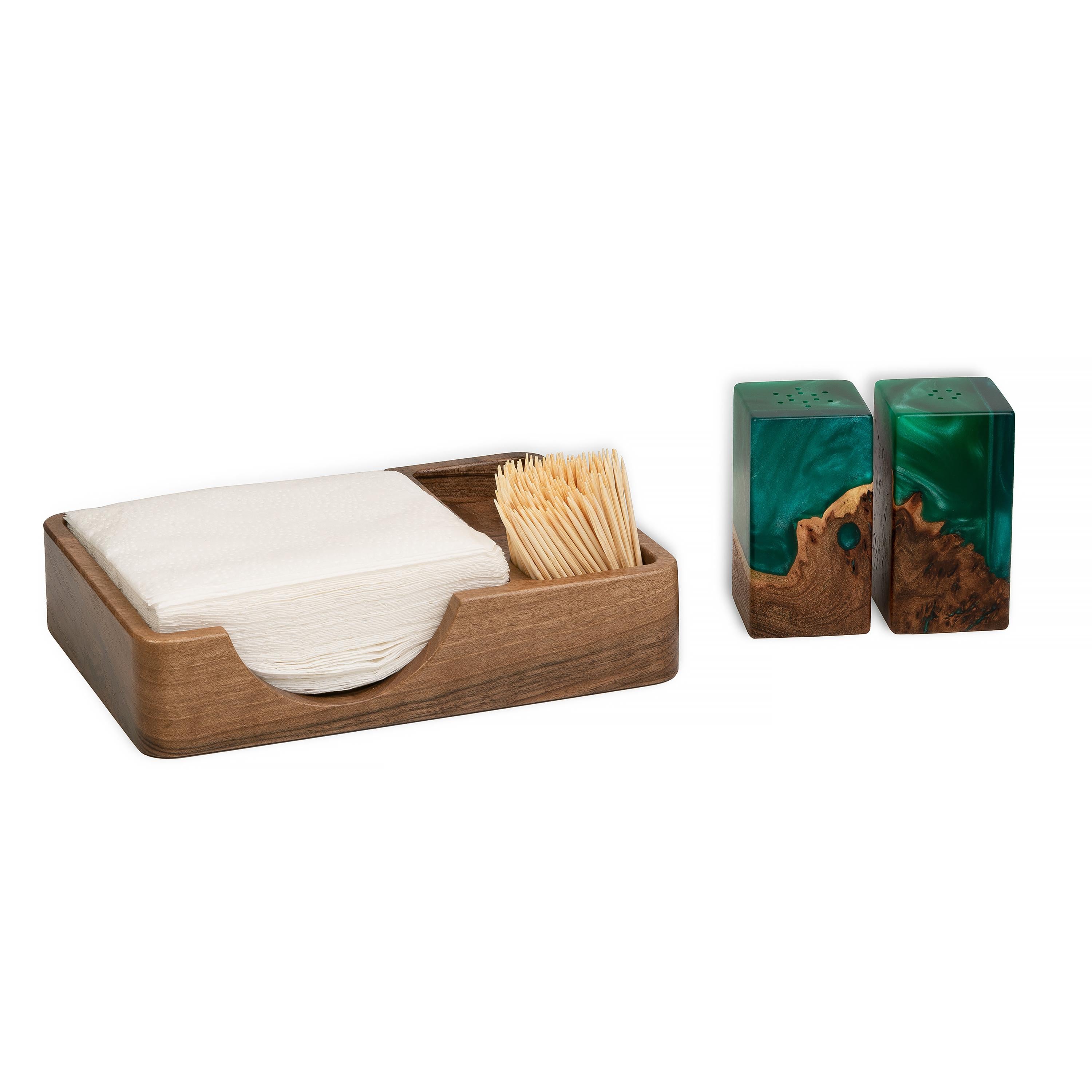 Wood & Resin Salt and Pepper Shaker Caddy Set – Elm Green