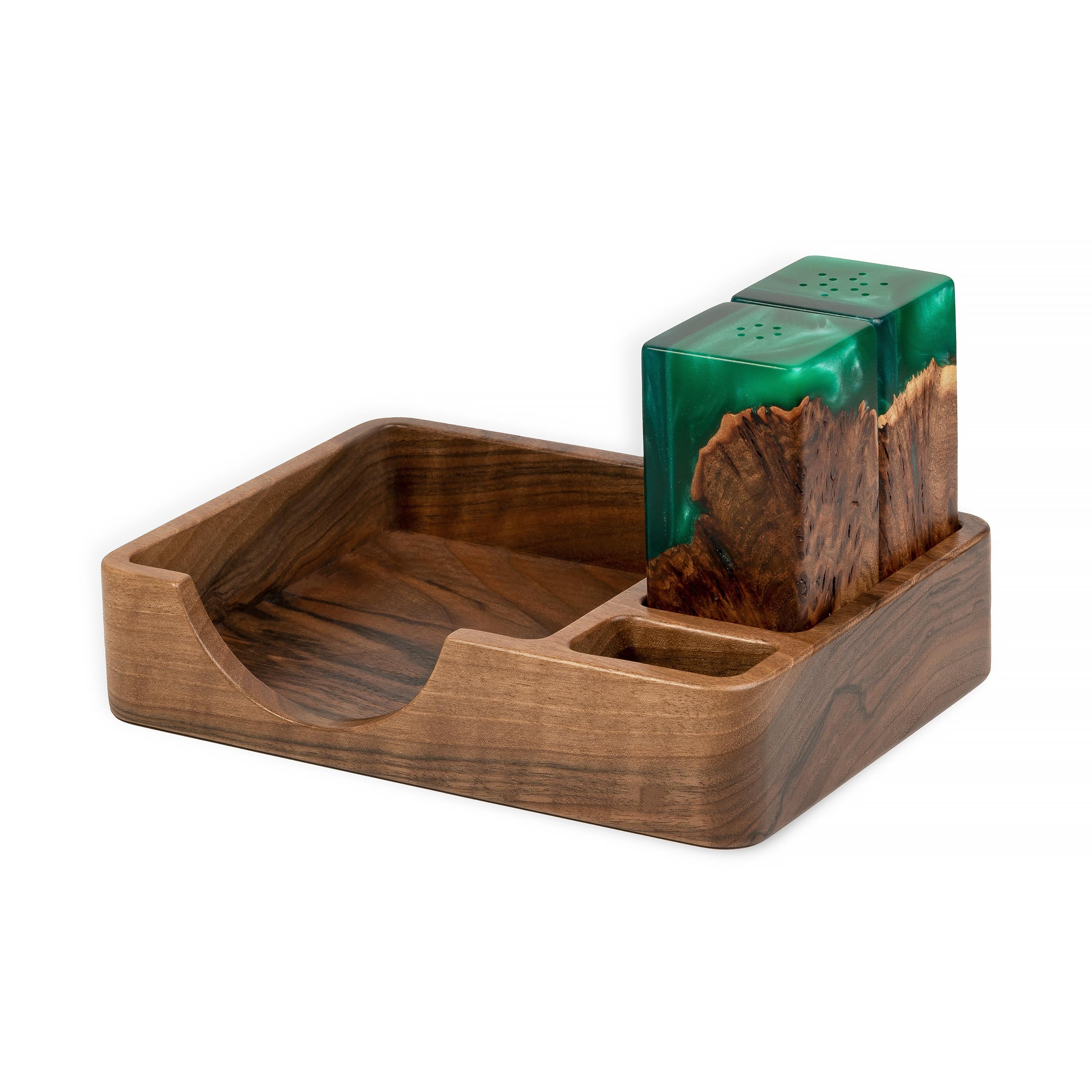 Wood & Resin Salt and Pepper Shaker Caddy Set – Elm Green