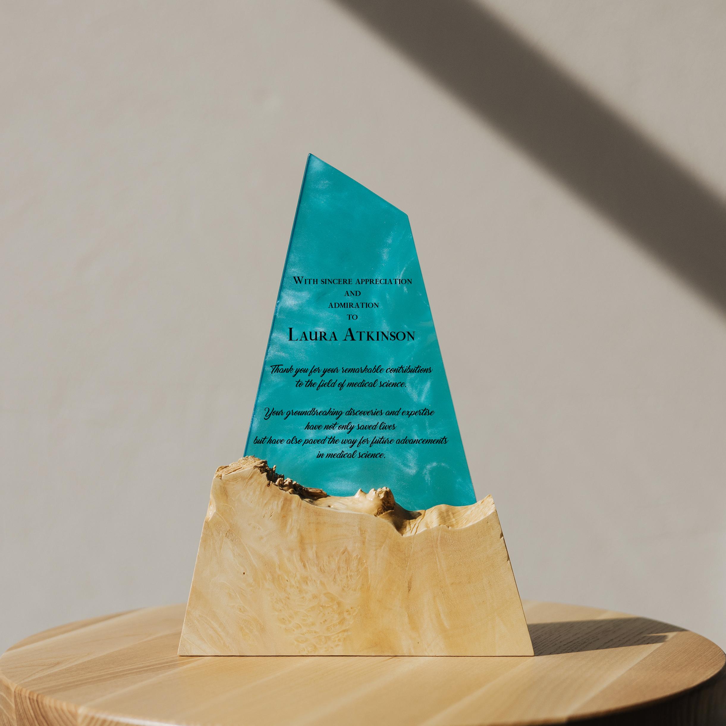 Aqua Blue Epoxy & Light Wood Award Plaque