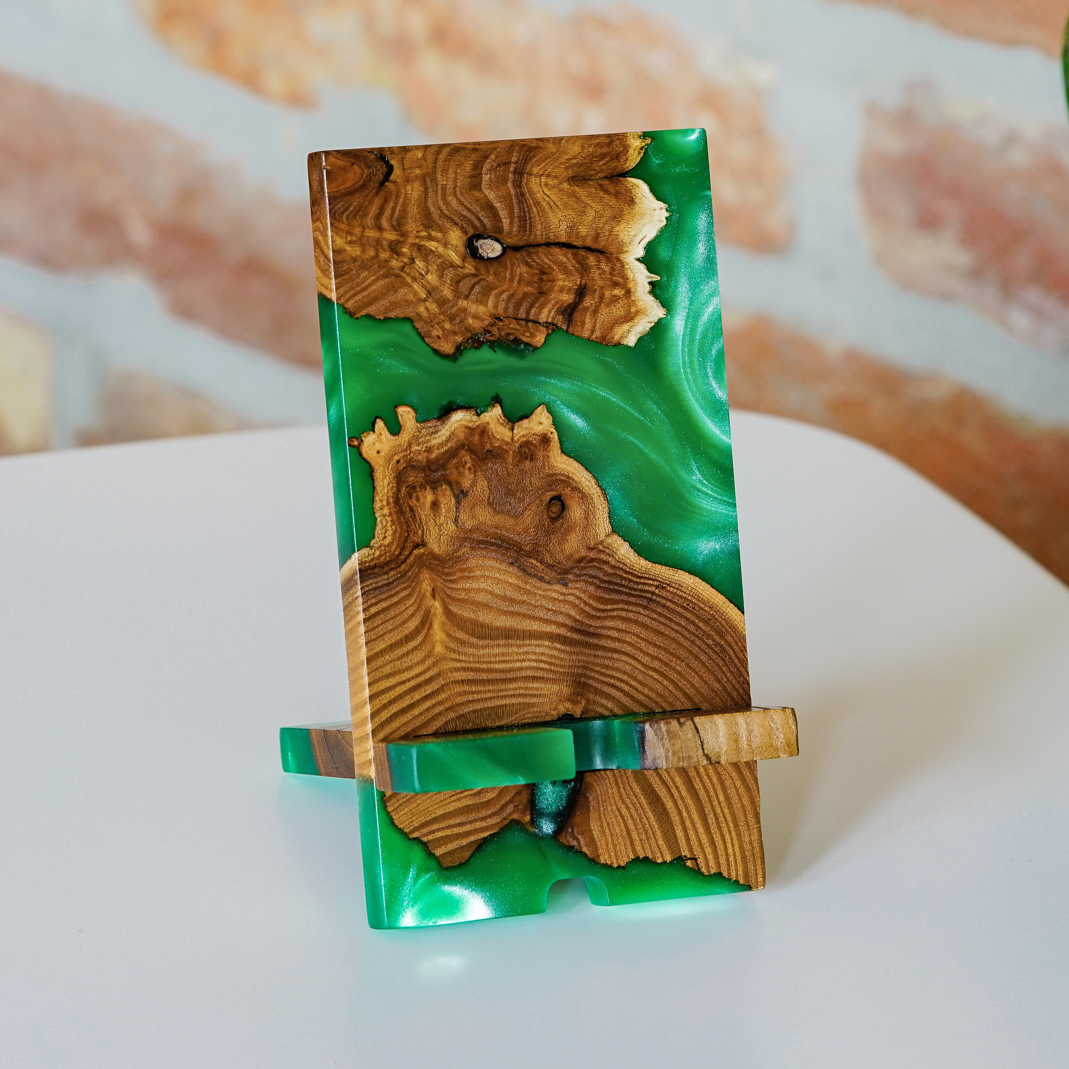 Green Epoxy Resin &  Dark Wood Phone Holder