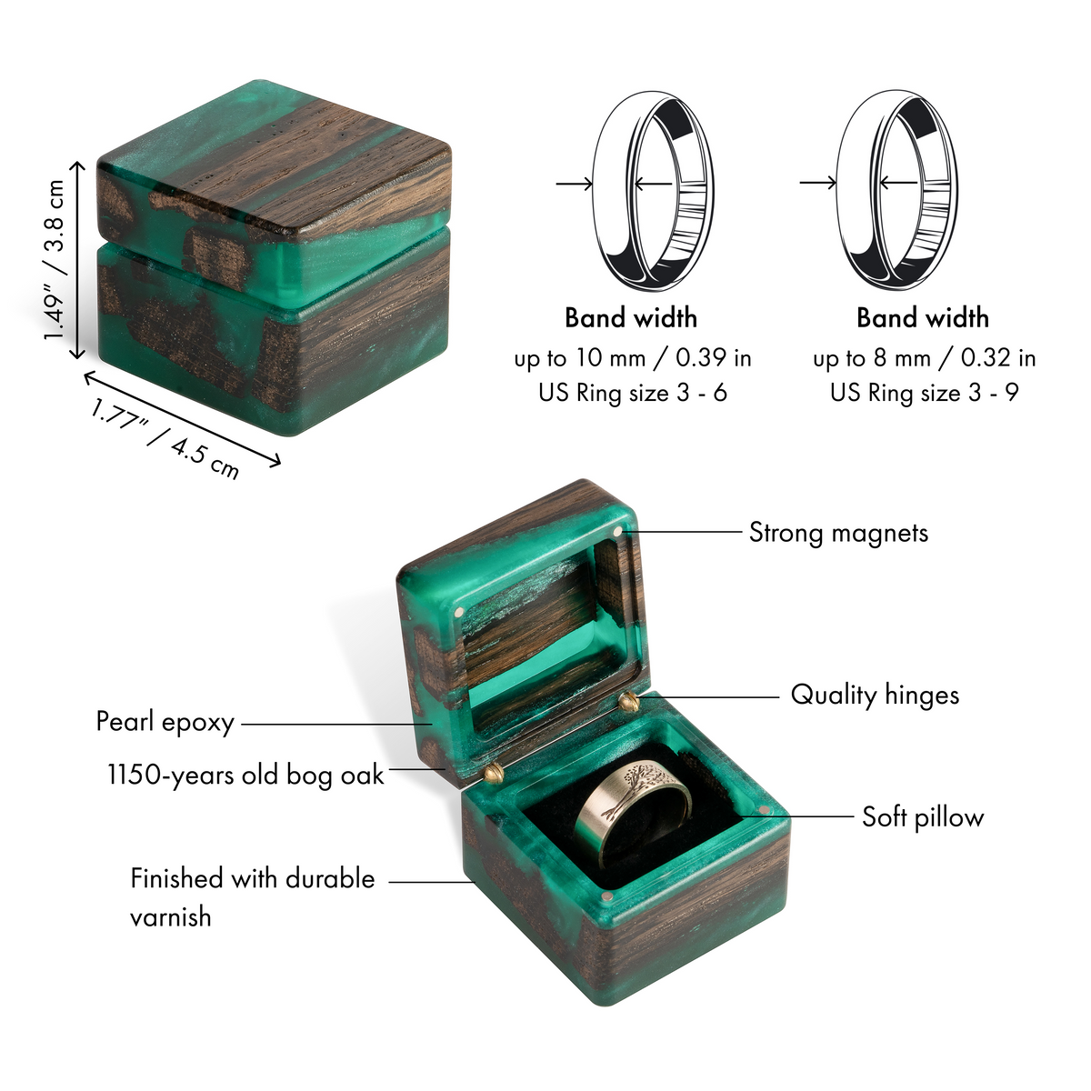 Green ring box spec sheet: 1.77 x 1.49 in, band width limits, magnets, hinges and soft pillow
