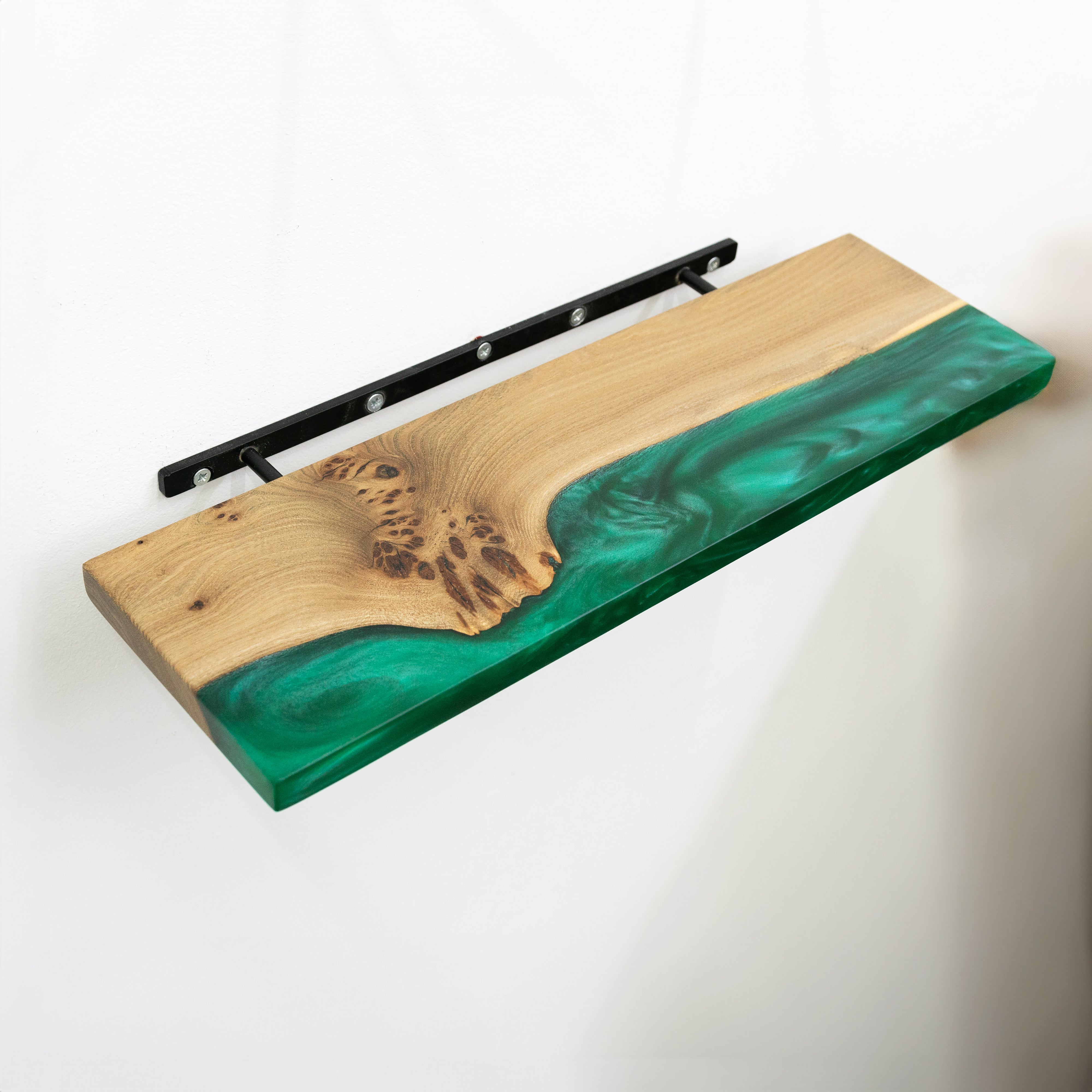 Green Pearl Epoxy & Dark Wood Floating Shelf