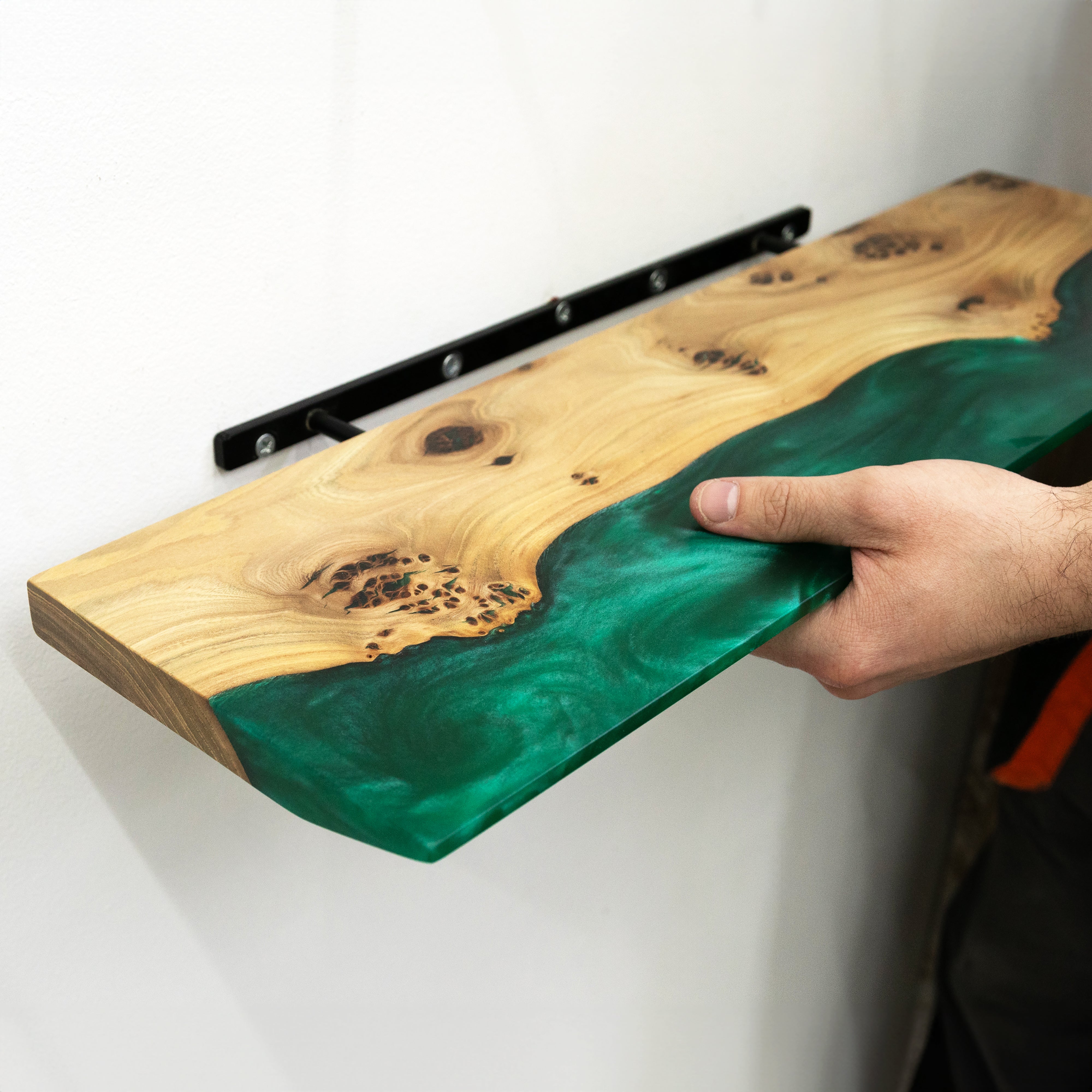 Green Pearl Epoxy & Dark Wood Floating Shelf