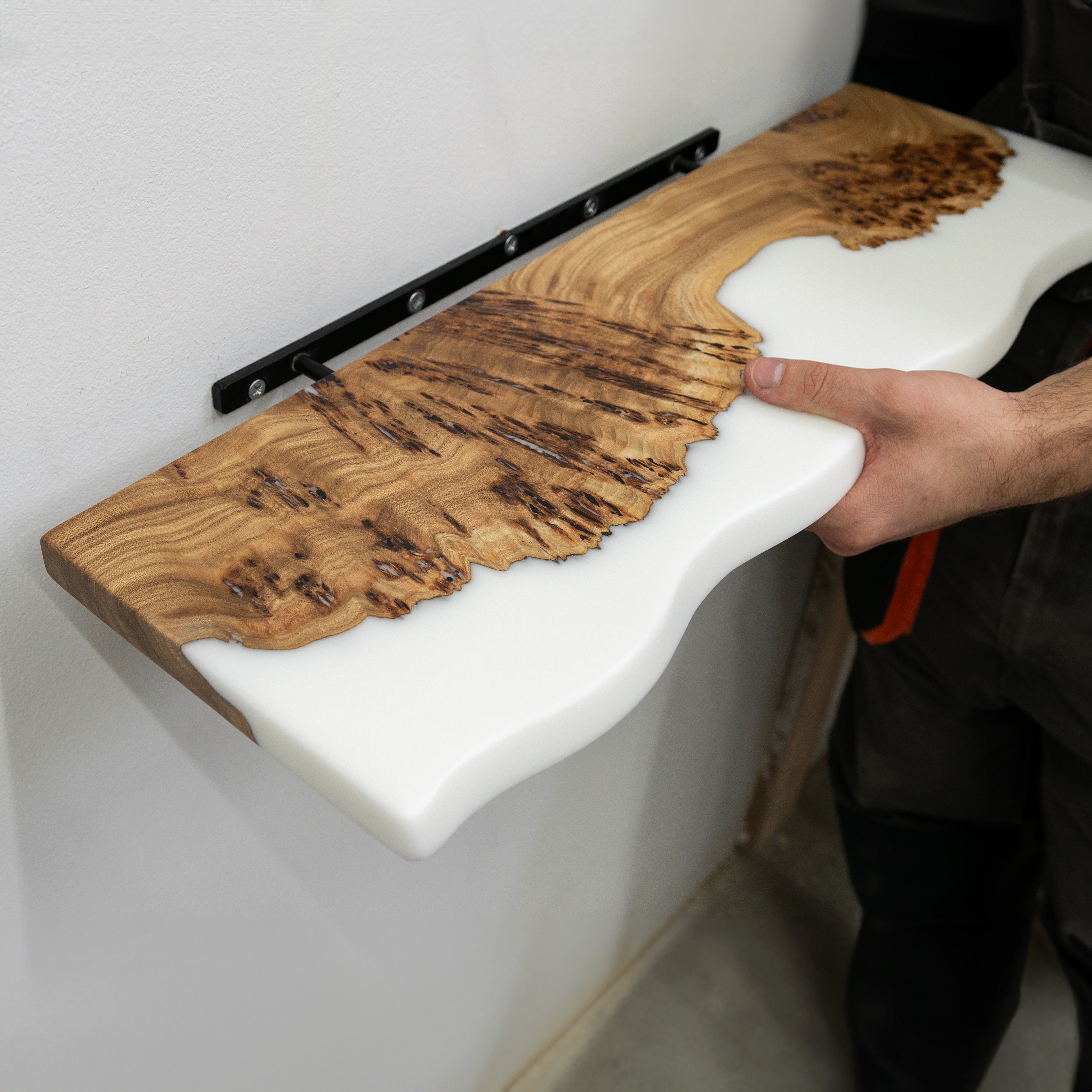 White Epoxy & Elm Wood - Live Edge Floating Shelf
