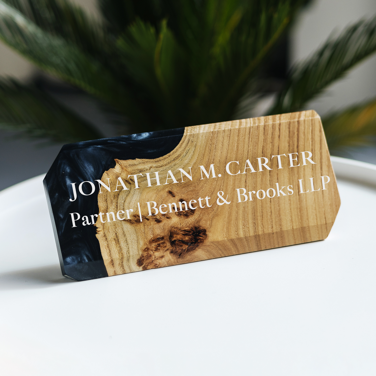 Personalized Desk Name Plate – MODERN Black Epoxy & Elm Wood