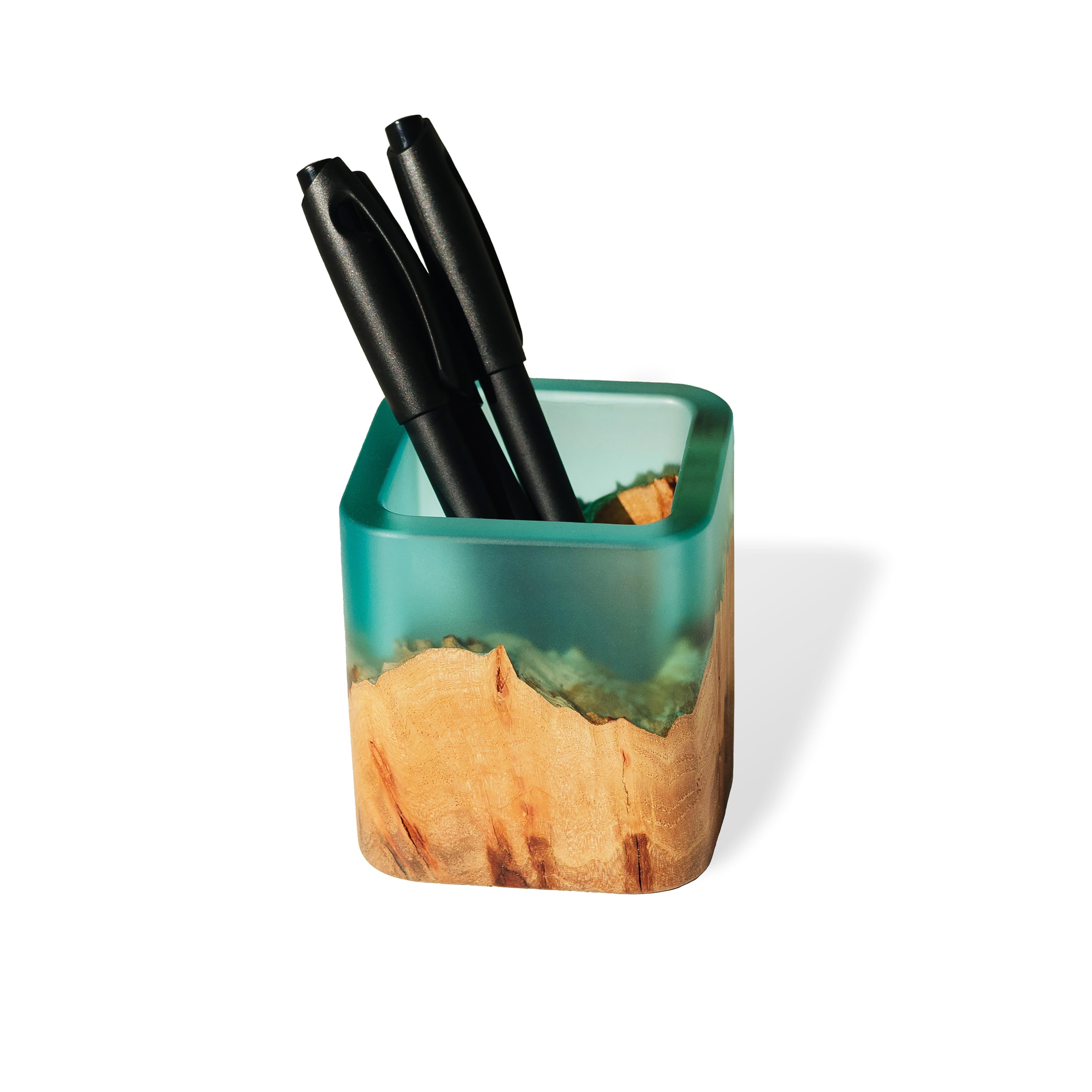 Wood & Resin Pen Holder Cup ELEMENT – Elm Aqua Blue