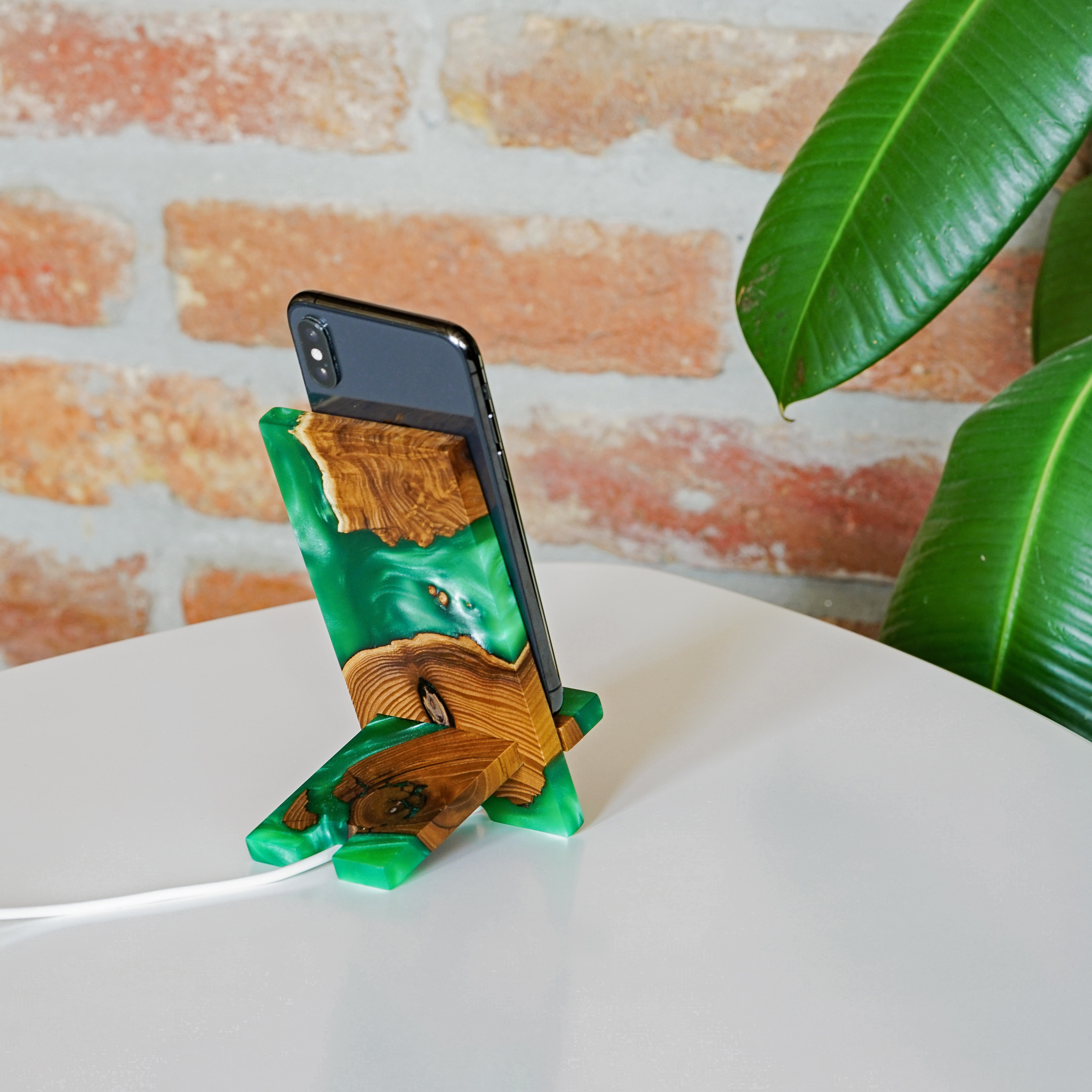 Green Epoxy Resin &  Dark Wood Phone Holder