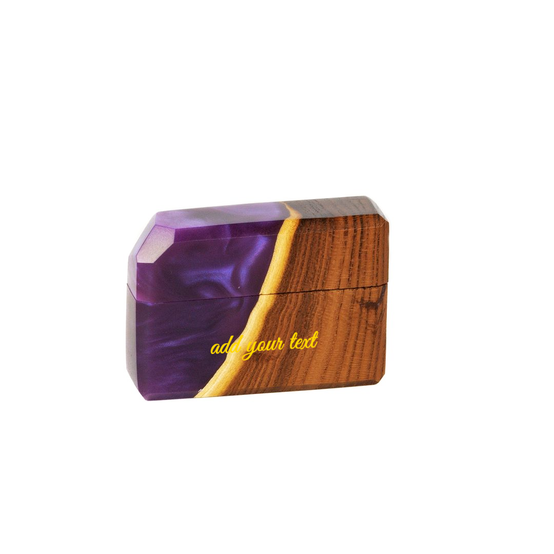 Closed FLASH proposal ring box in purple epoxy and elm wood with a gold 'add your text' engraving placeholder