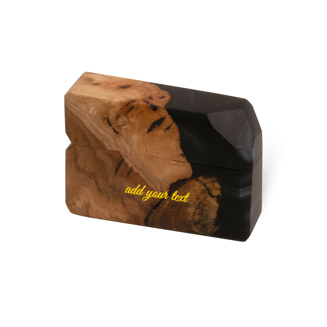 Closed FLASH engagement ring box in black epoxy and burled elm wood with a gold 'add your text' engraving placeholder