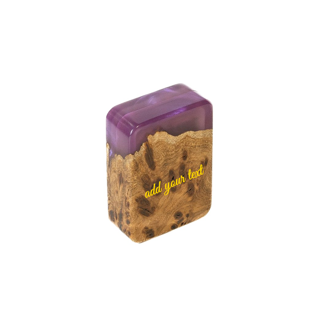 Closed FLIP engagement ring box in purple epoxy and burled elm wood with a gold 'add your text' engraving placeholder