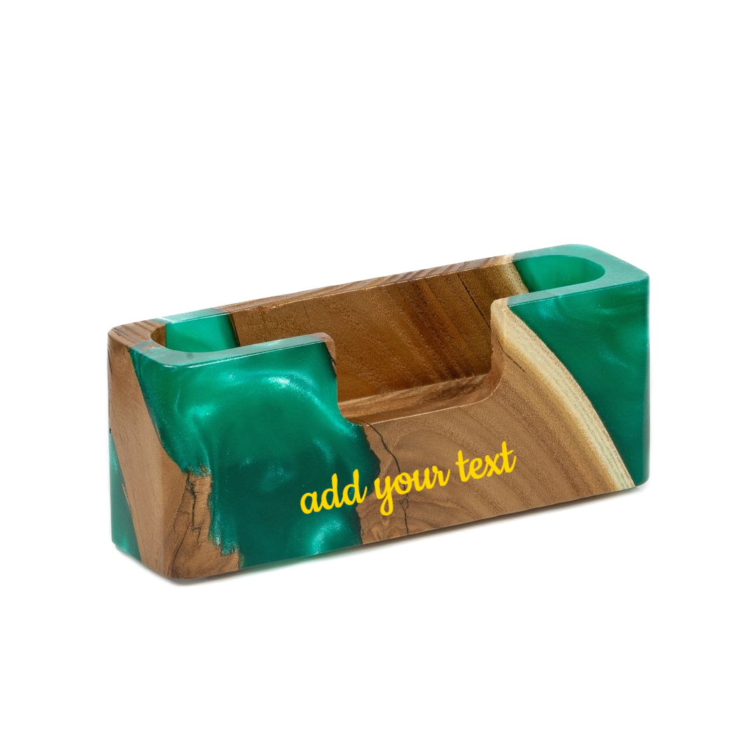 SMART business card holder in green epoxy and elm wood with a gold 'add your text' engraving placeholder