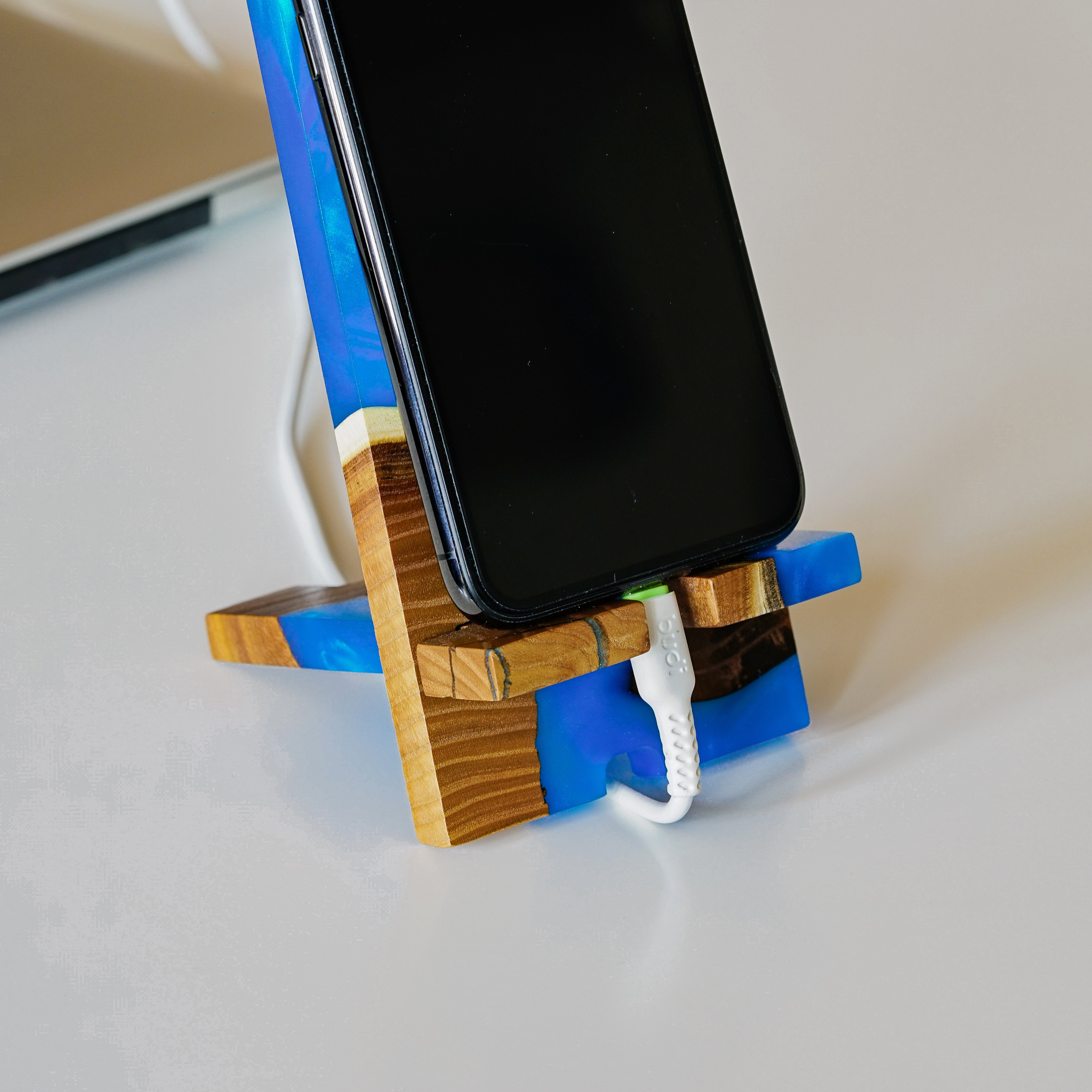 Blue Epoxy Resin &  Dark Wood Phone Holder