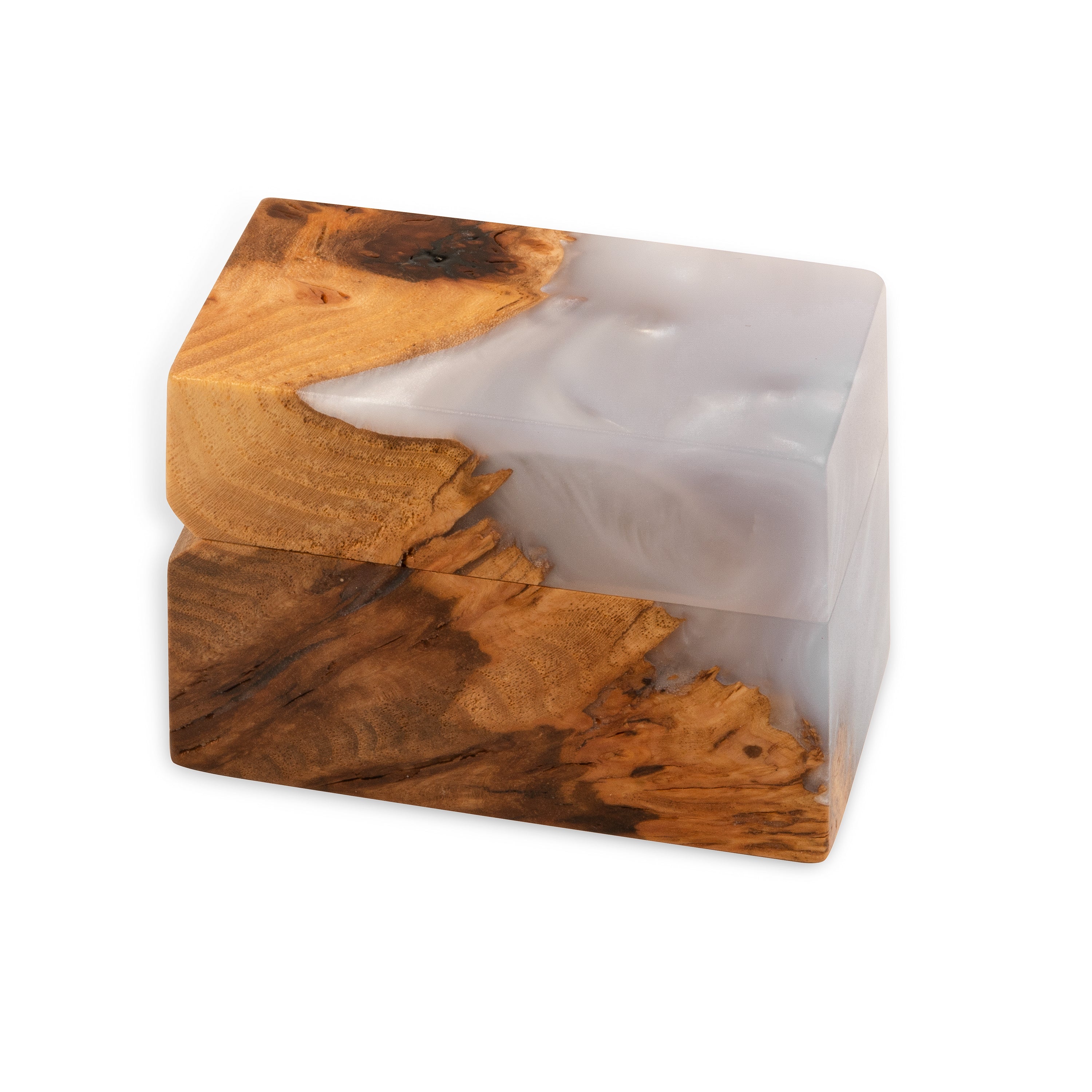 Close-up of the platinum epoxy and natural elm wood grain on the CHORD engagement ring box