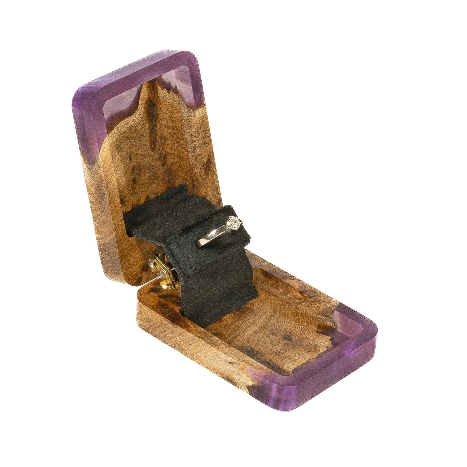 Angled view of the handcrafted purple epoxy and elm wood engagement ring box