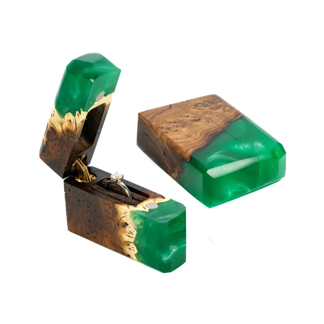 Artisan green epoxy and elm wood proposal ring box shown open with the lid beside it