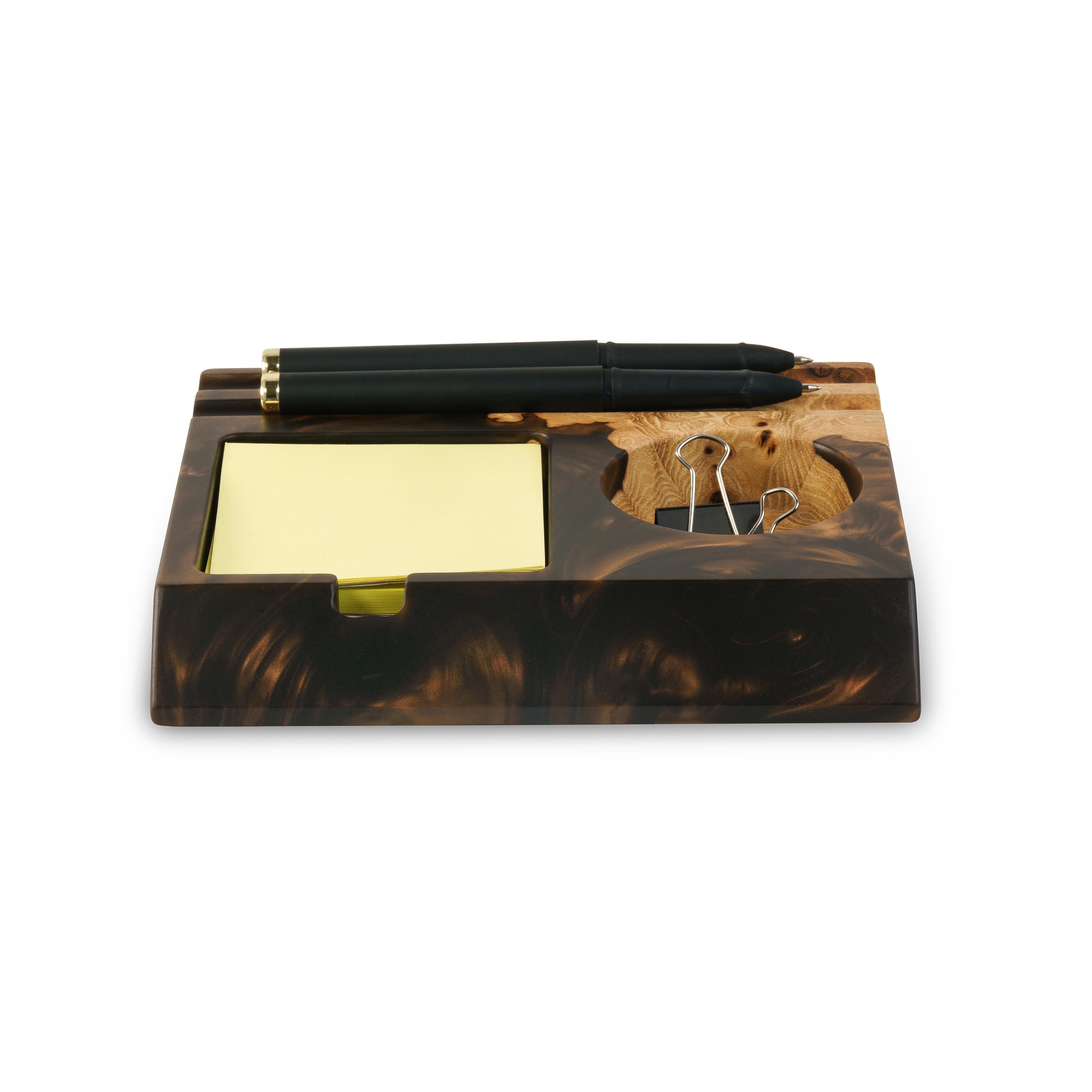 Black epoxy and elm wood desk organizer featuring a built-in phone stand and pen holder