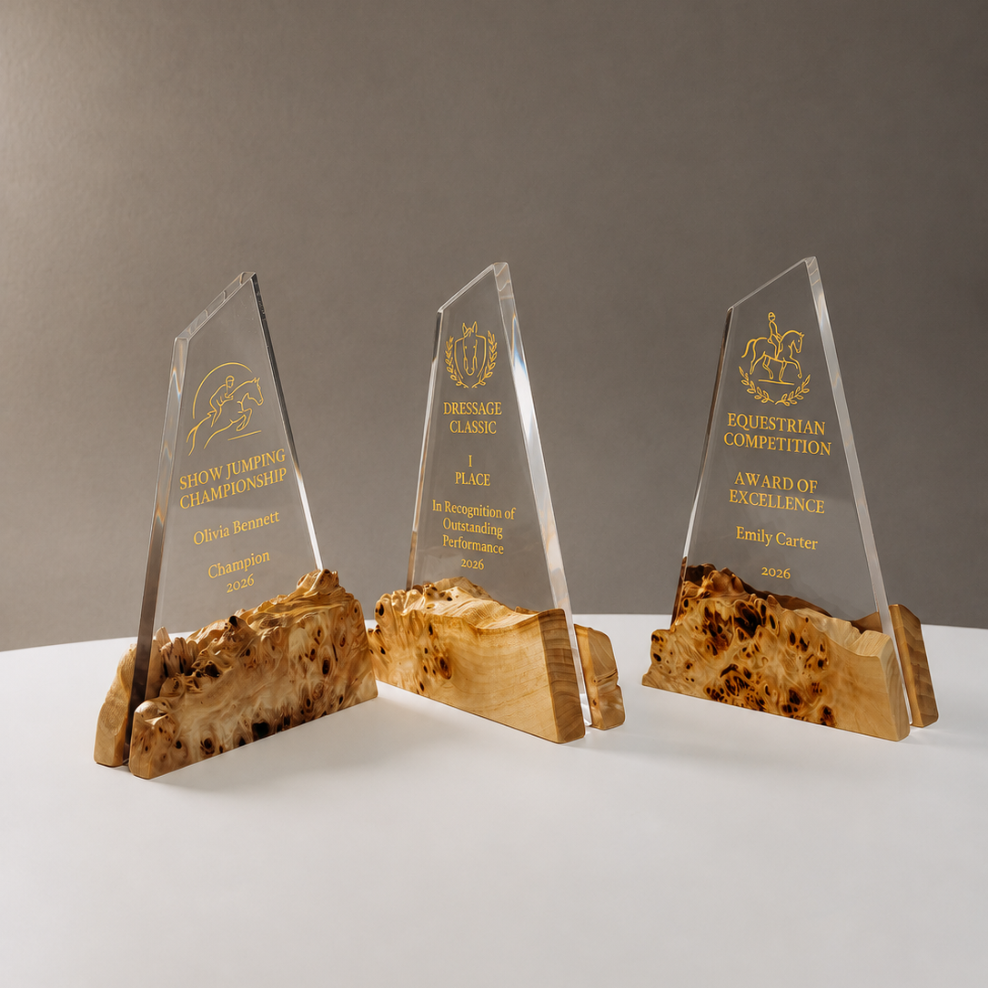 Three clear epoxy award plaques on elm bases engraved for show jumping, dressage and equestrian events