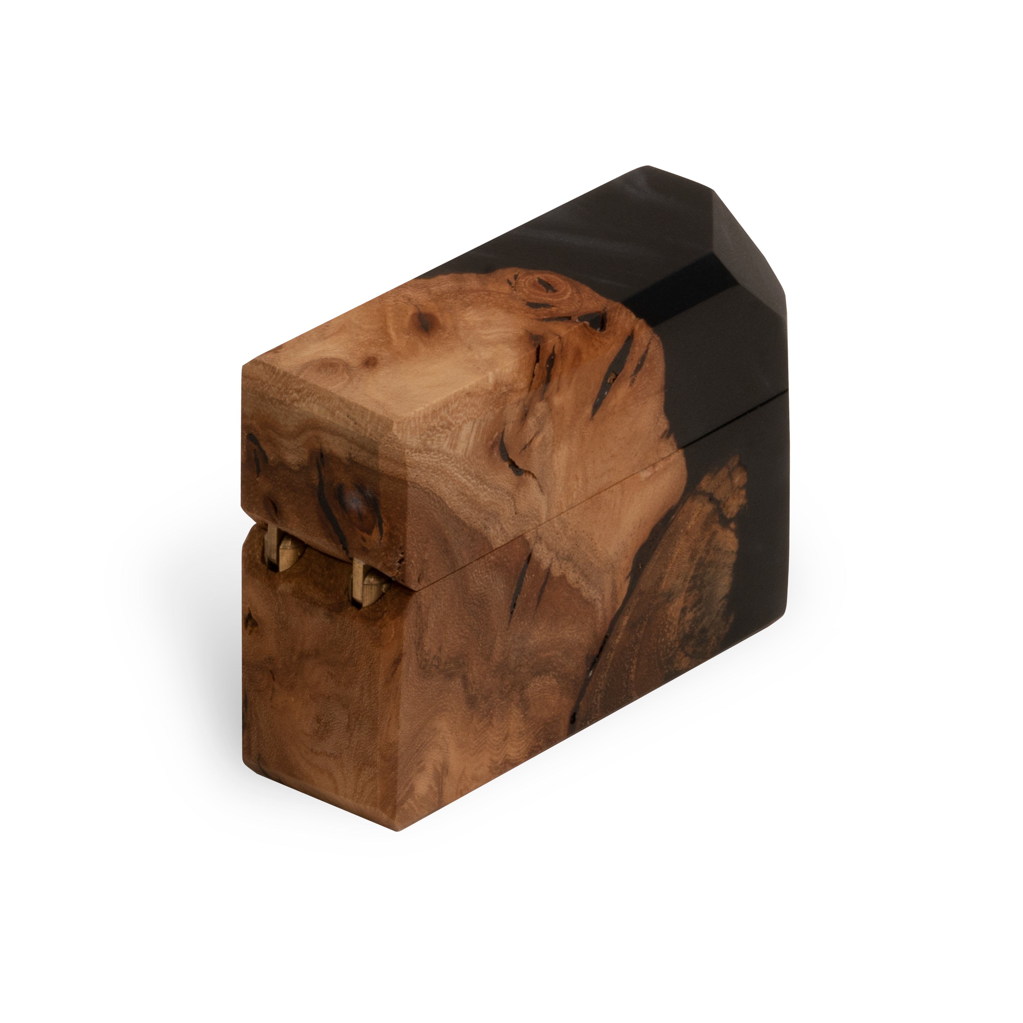 Closed engagement ring box crafted from black epoxy and natural elm wood, FLASH collection