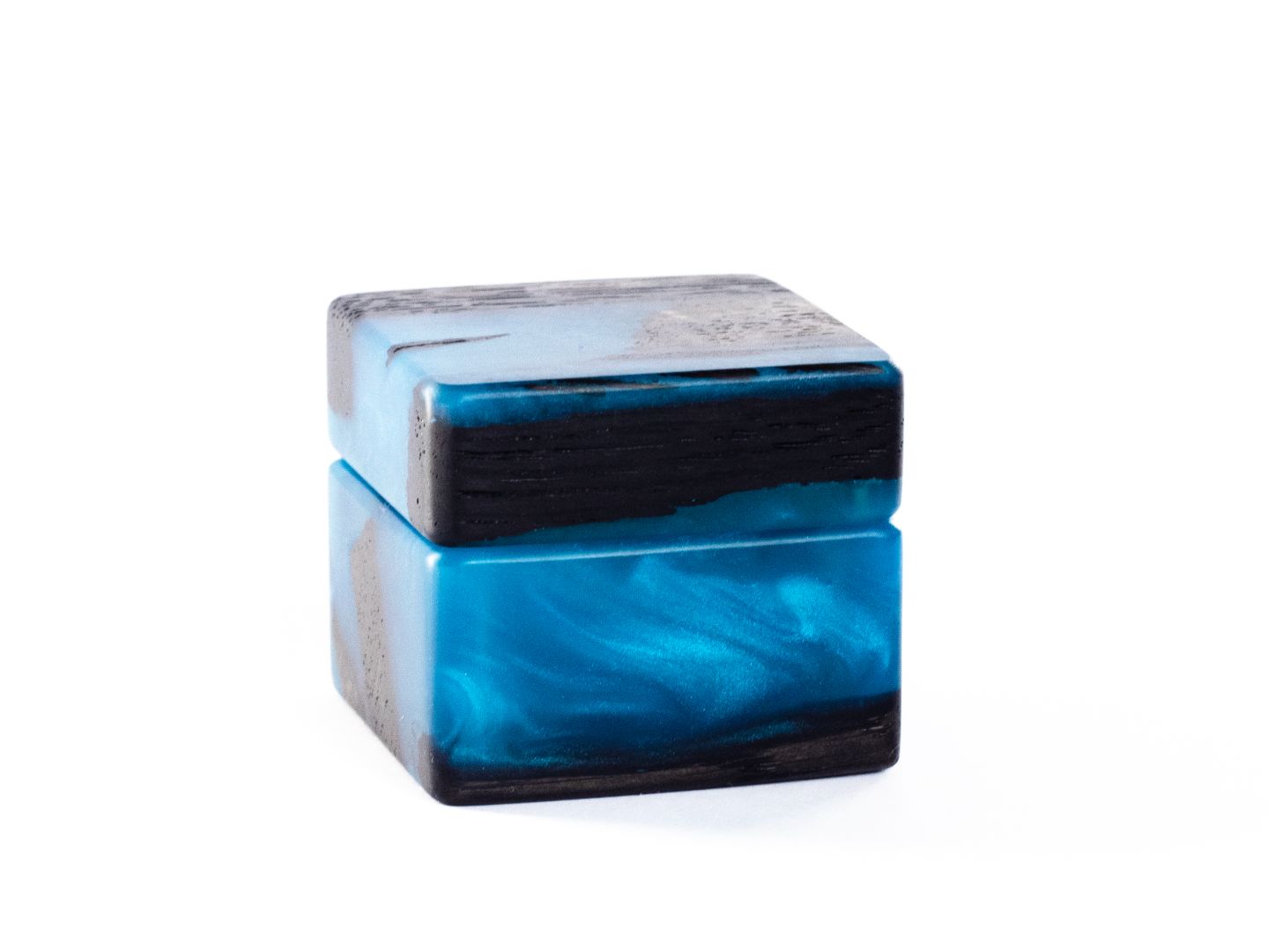 Closed engagement ring box crafted from blue epoxy and bog oak wood, MUSE collection