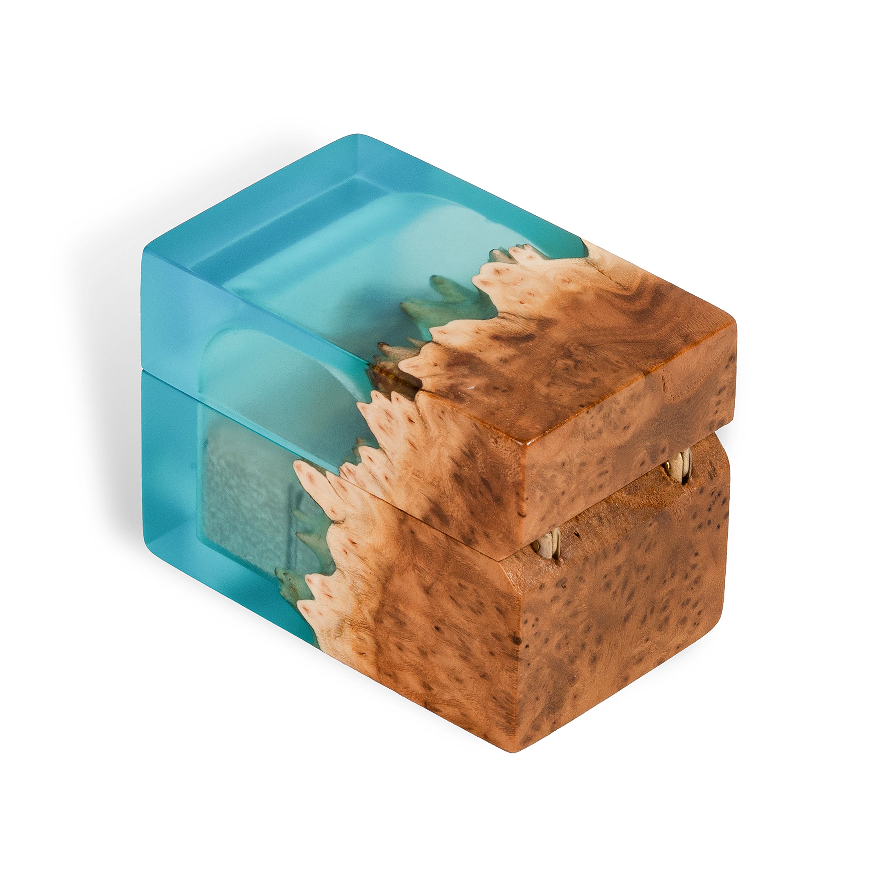 Closed proposal ring box made from aqua blue epoxy and natural elm wood, CHORD collection