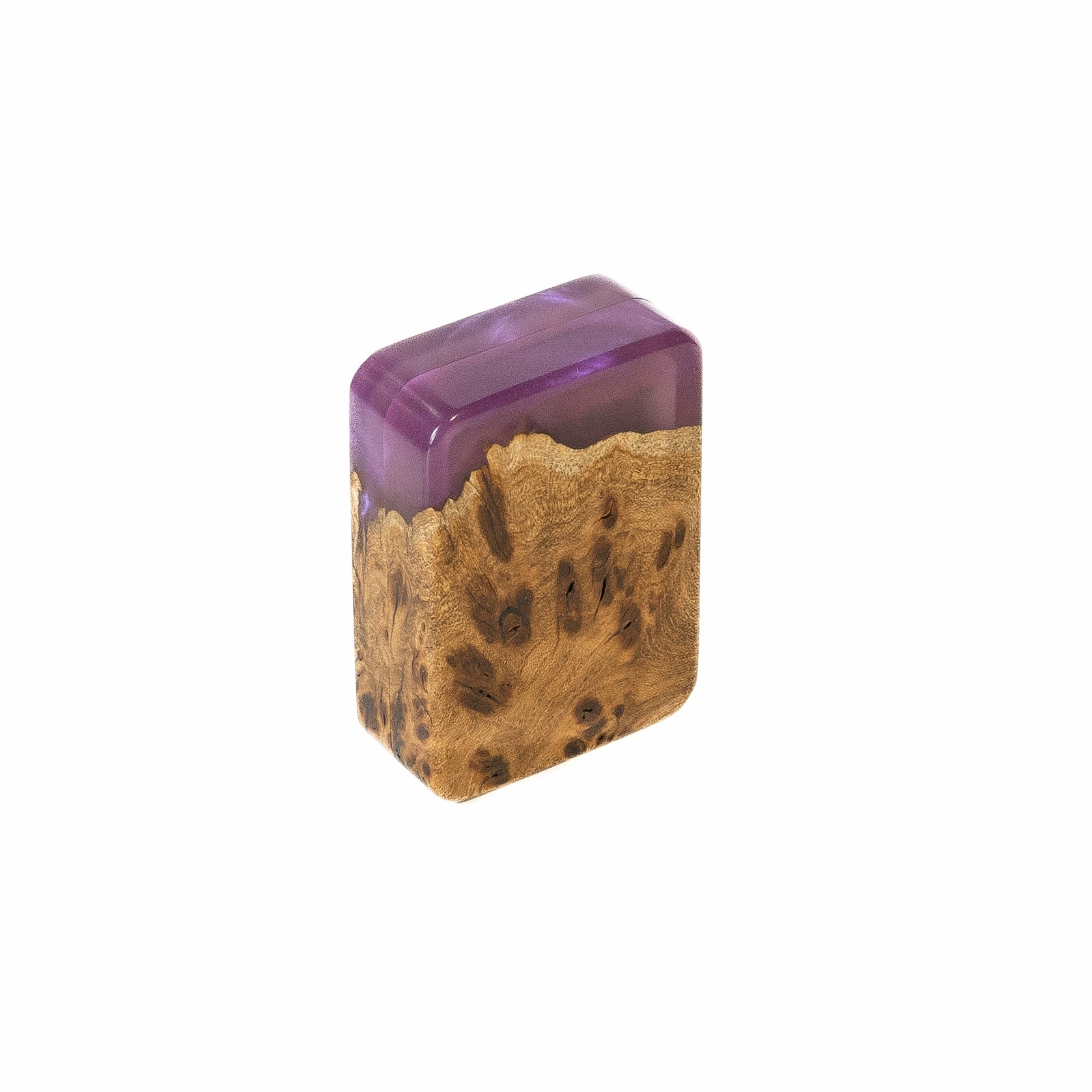 Compact closed engagement ring box featuring purple epoxy and natural elm wood grain