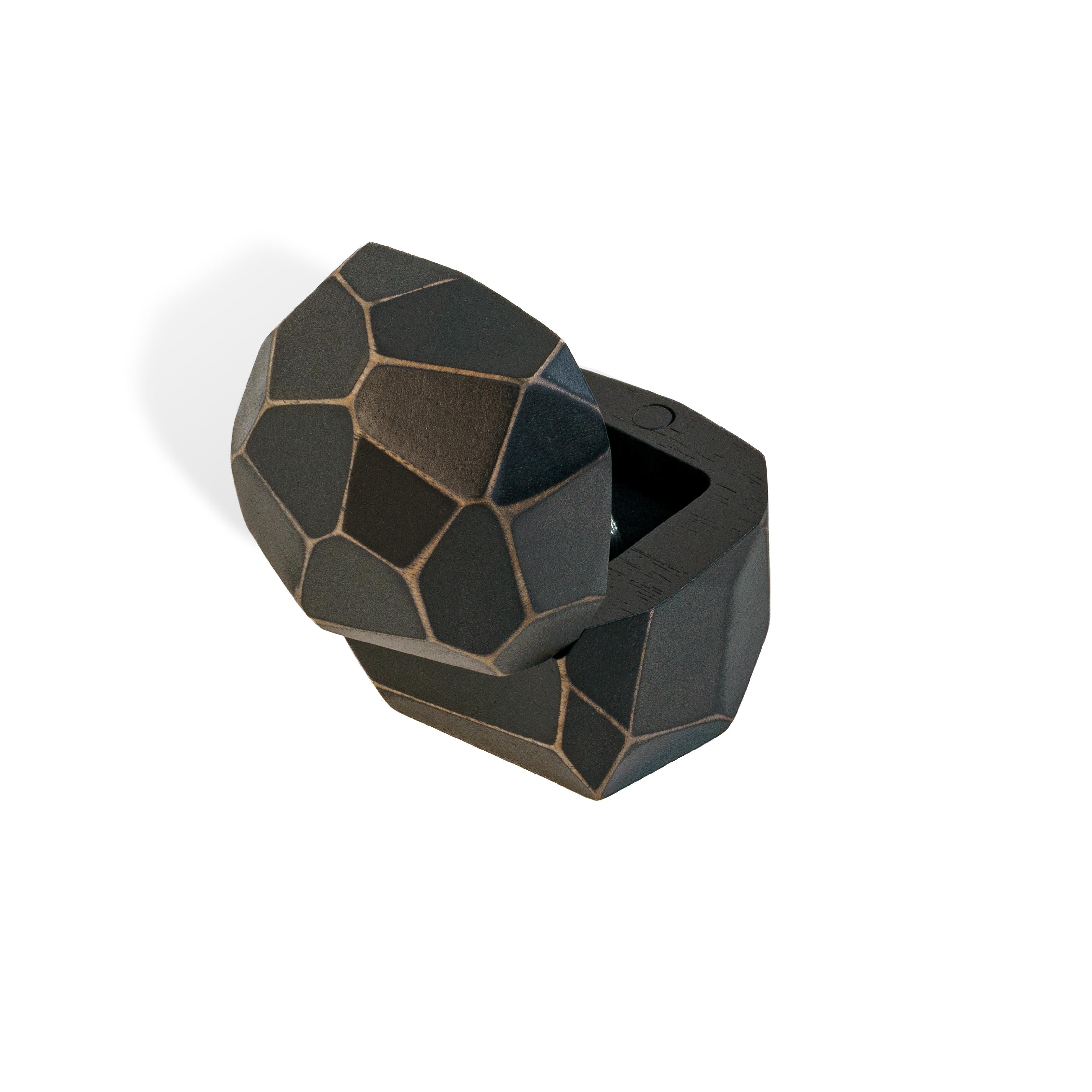 Compact closed proposal ring box made from black epoxy and natural bog oak wood