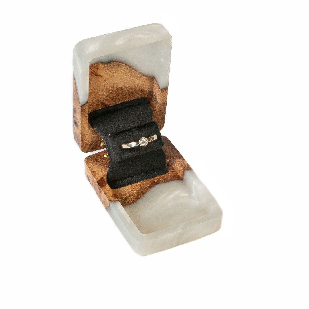 Compact proposal ring box featuring platinum epoxy and natural elm wood grain