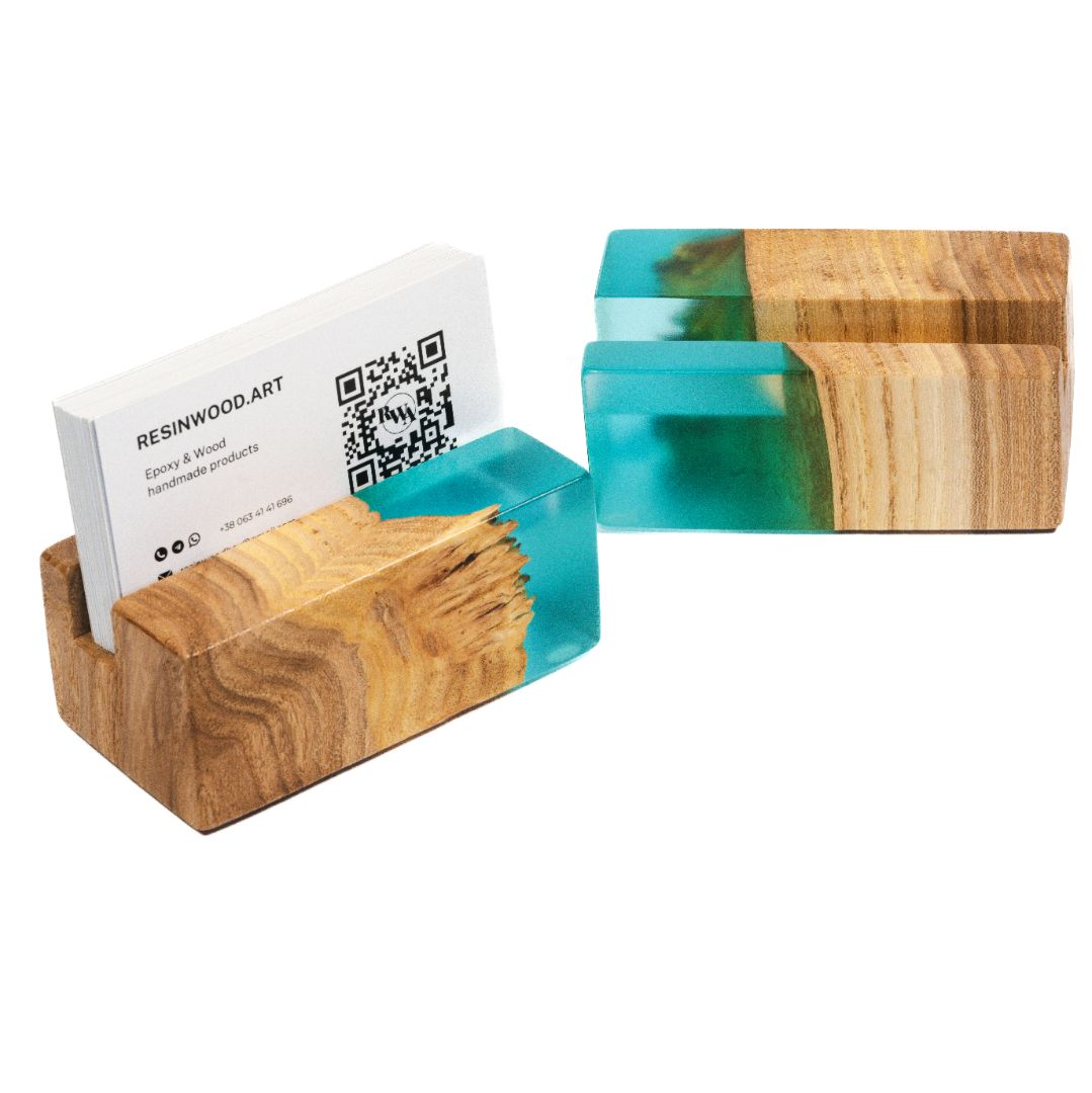 Wood & Resin Card Holder ELEMENT – Elm Aqua Blue