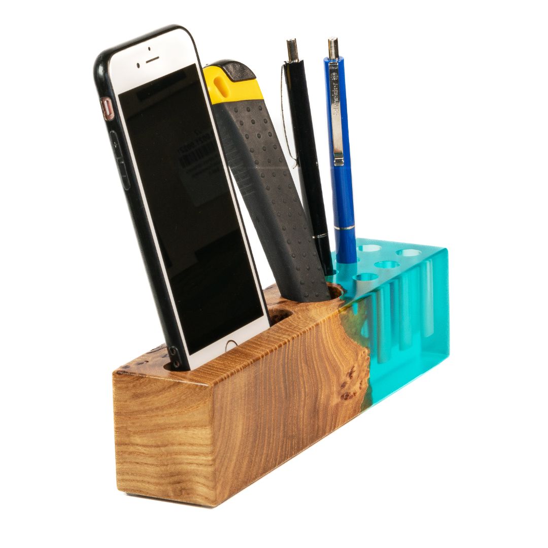 Wood & Resin Desk Organizer ELEMENT – Elm Aqua Blue