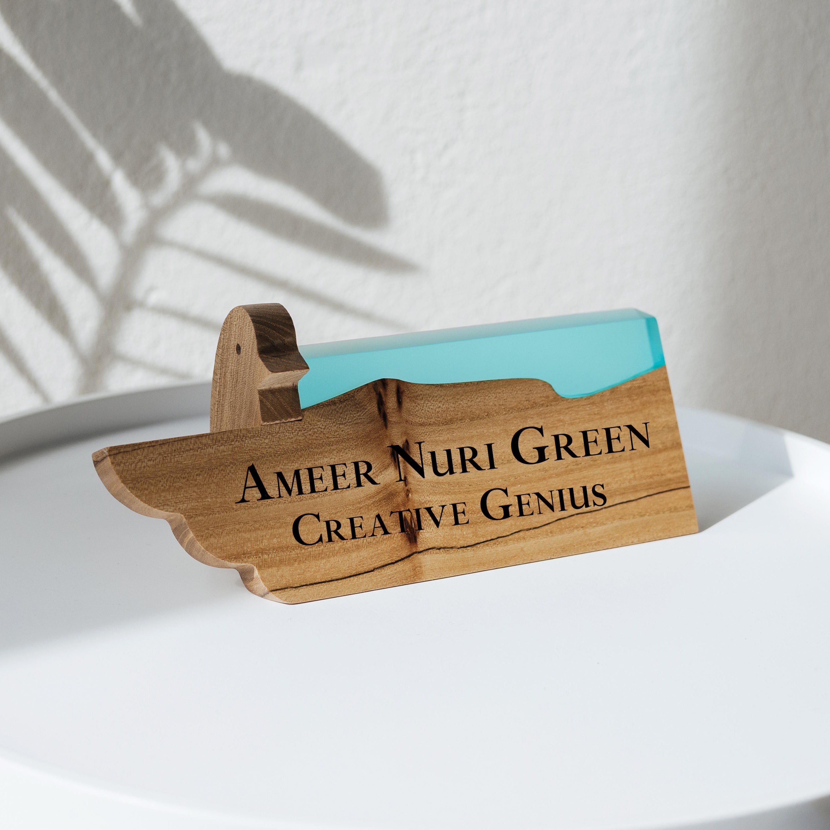 Personalized BIRDY desk name plate handcrafted from elm wood and aqua blue epoxy resin