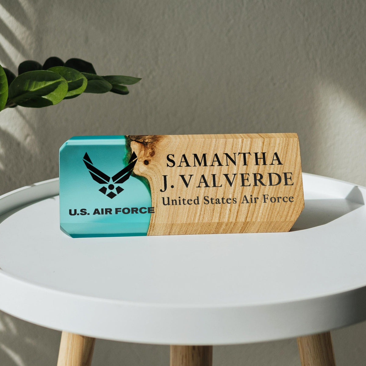 Personalized MODERN desk name plate handcrafted from elm wood and aqua blue epoxy resin