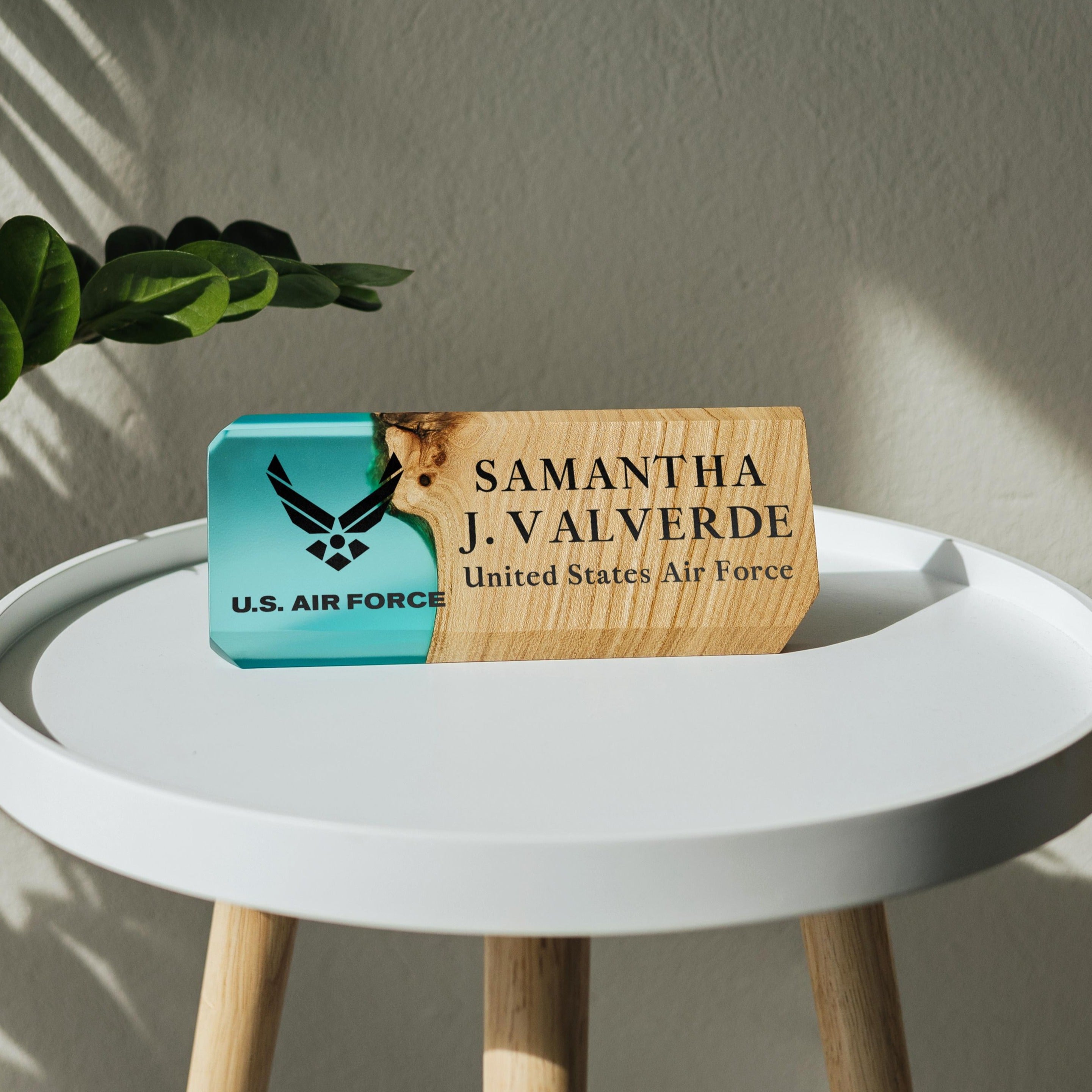 Personalized MODERN desk name plate handcrafted from elm wood and aqua blue epoxy resin