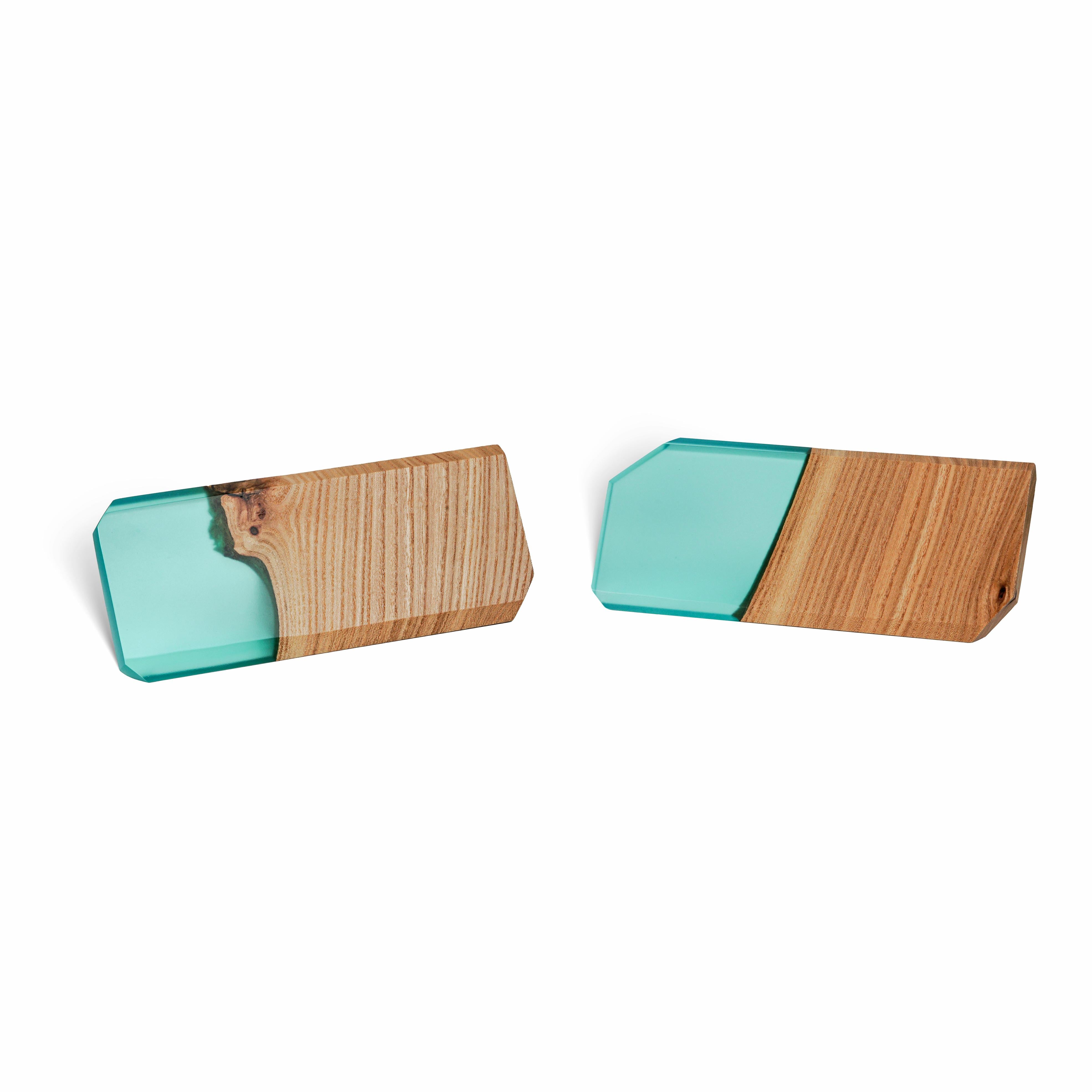 Perspective view of the personalized MODERN desk name plate handcrafted from elm wood and aqua blue epoxy resin